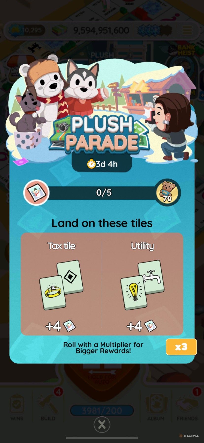 Scottie taking a photo with several plush dog characters along with how to earn points in Plush Parade in Monopoly Go.