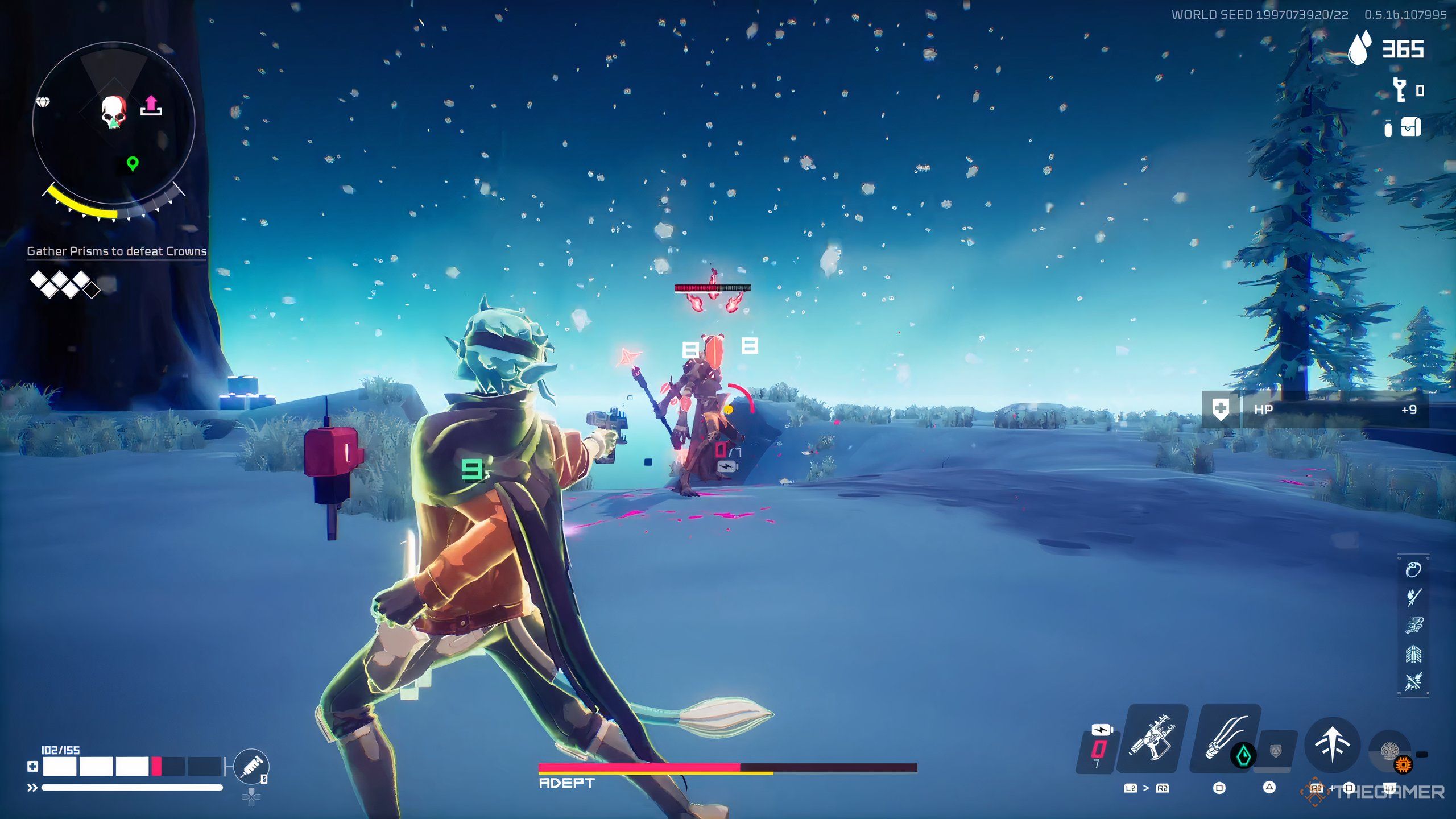 A Breaker in Hyper Light Breaker in combat with an Assassin character in a snowy backdrop.