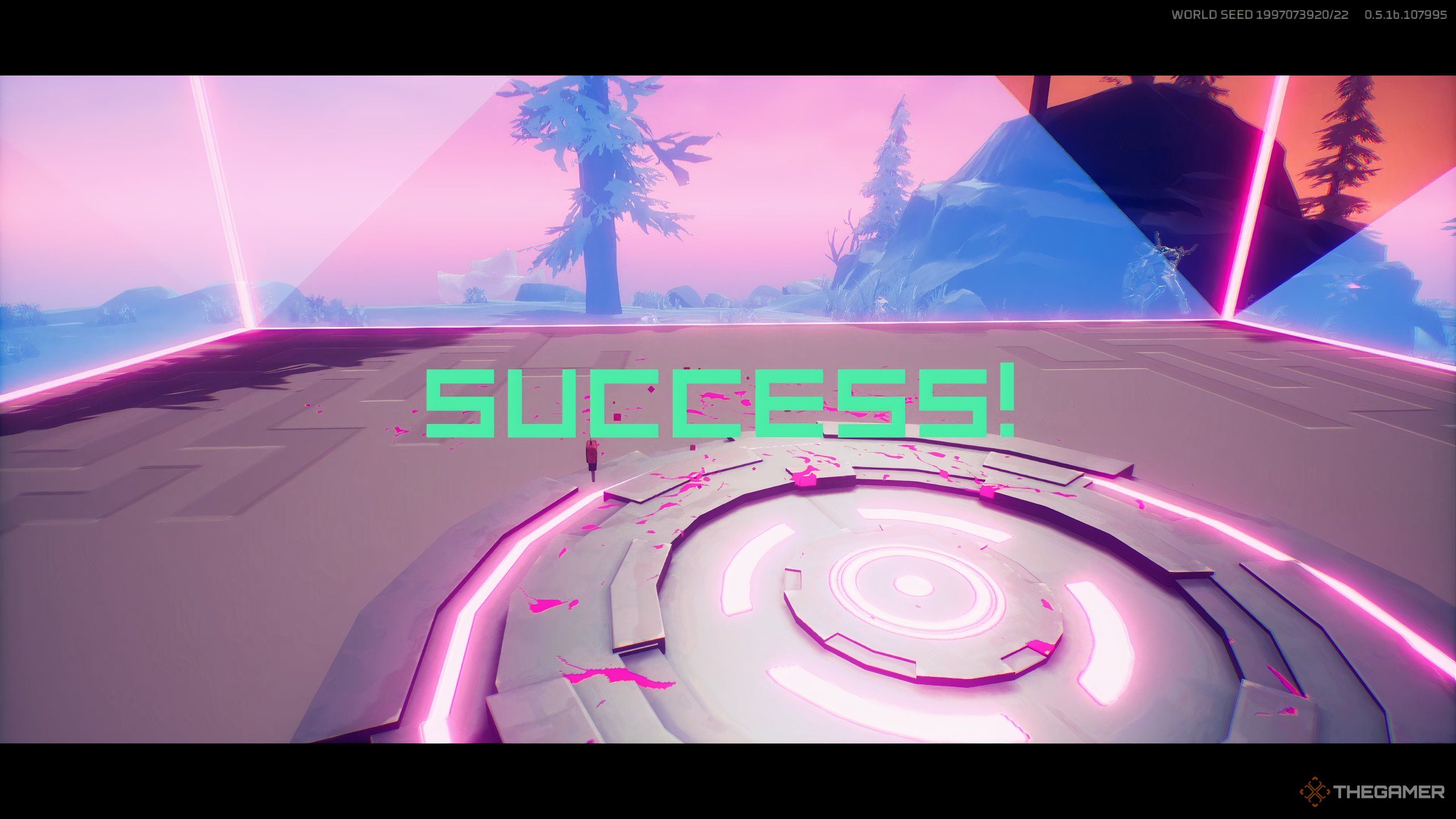 The word &ldquo;success&rdquo; in bright green lettering, indicating a successful extraction in Hyper Light Breaker.