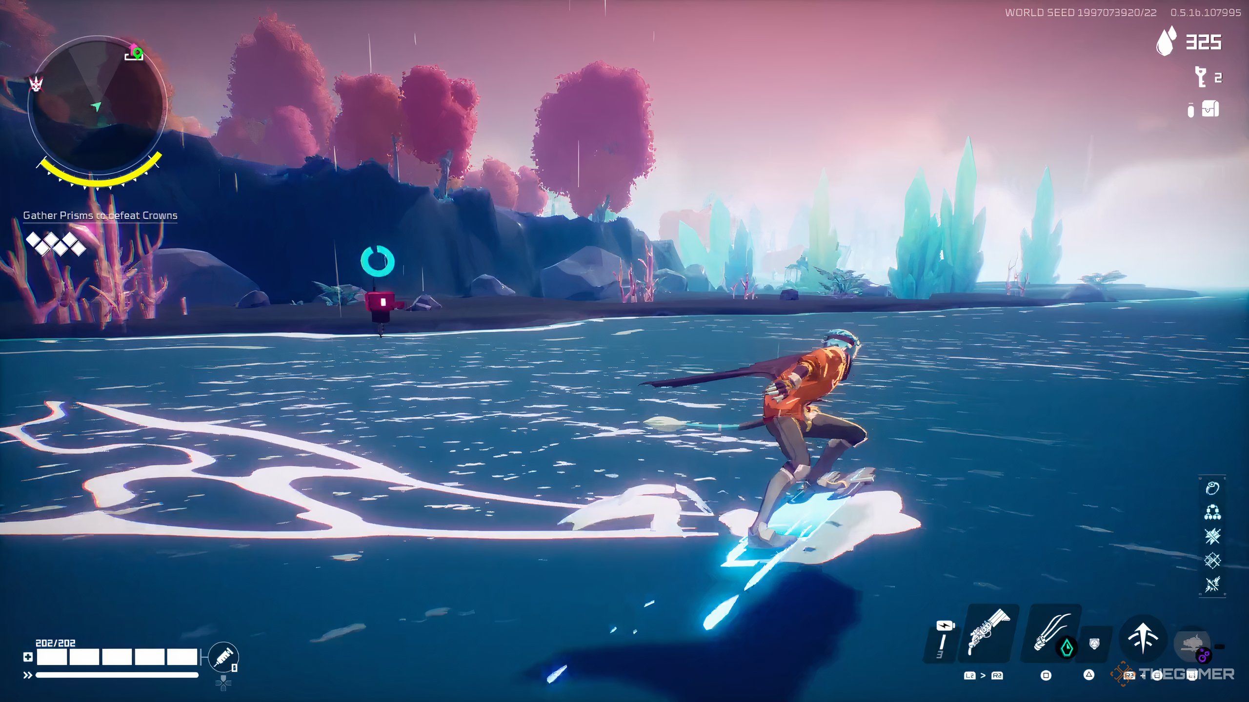 A breaker in an orange jacket hoverboarding along the ocean in Hyper Light Breaker.