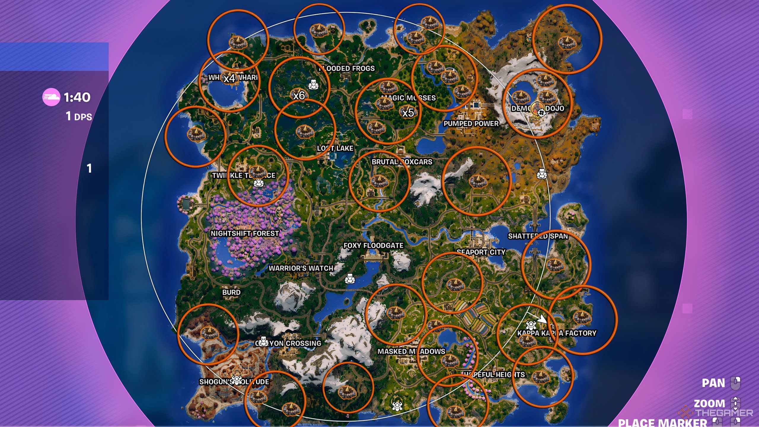 Every location of the campfire marked on the battle royale map in Fortnite. 