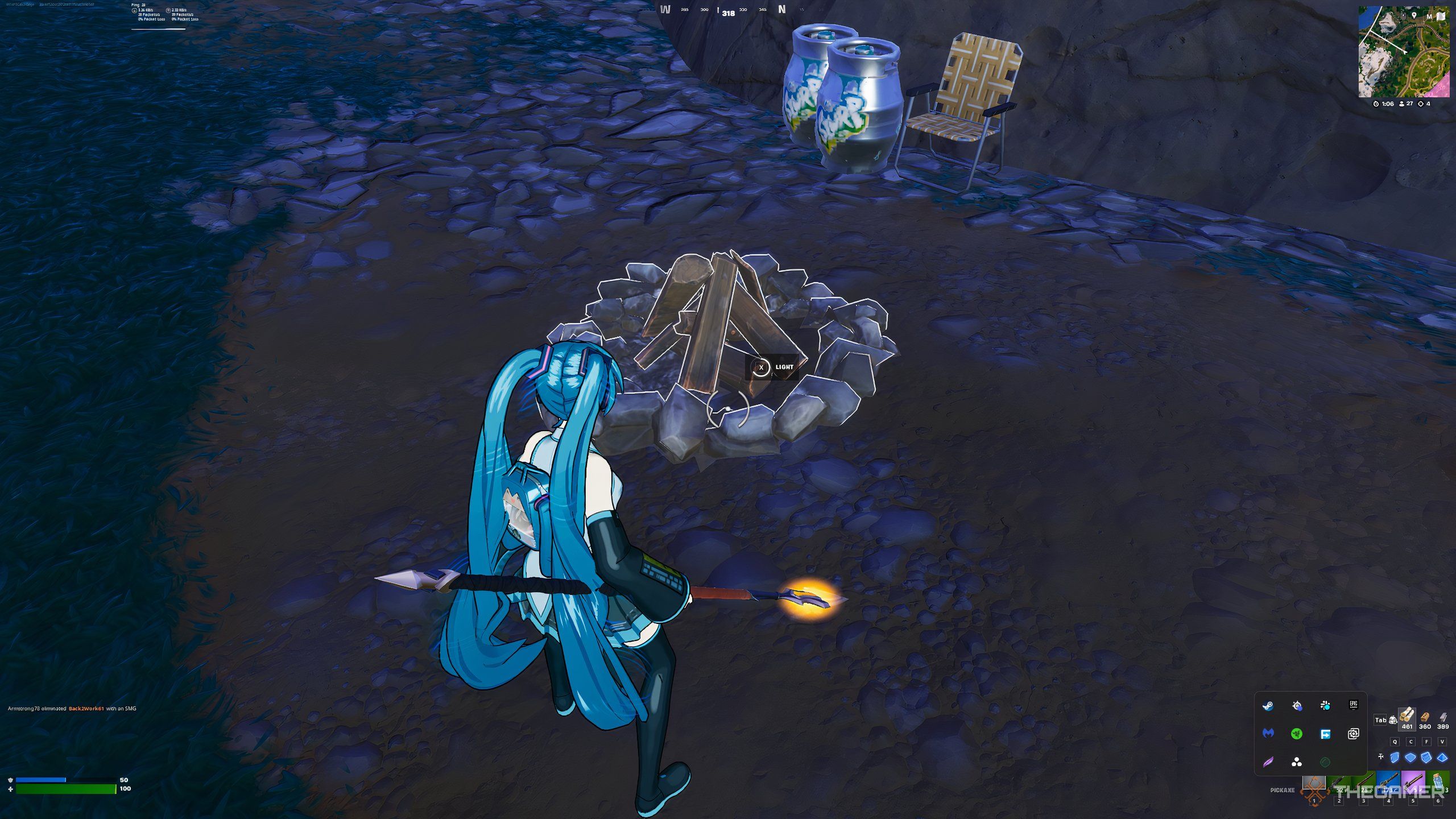 The player with the Miku skin standing near one of the campfires in Fortnite. 