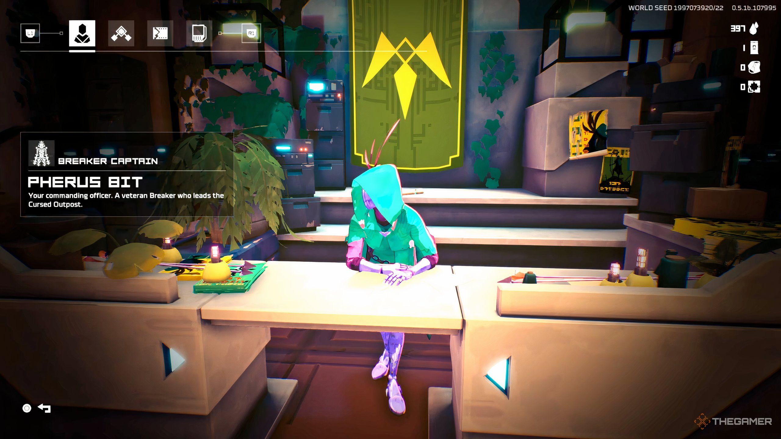 The enigmatic Pherus Bit, wearing a bright green cloak in Hyper Light Breaker.
