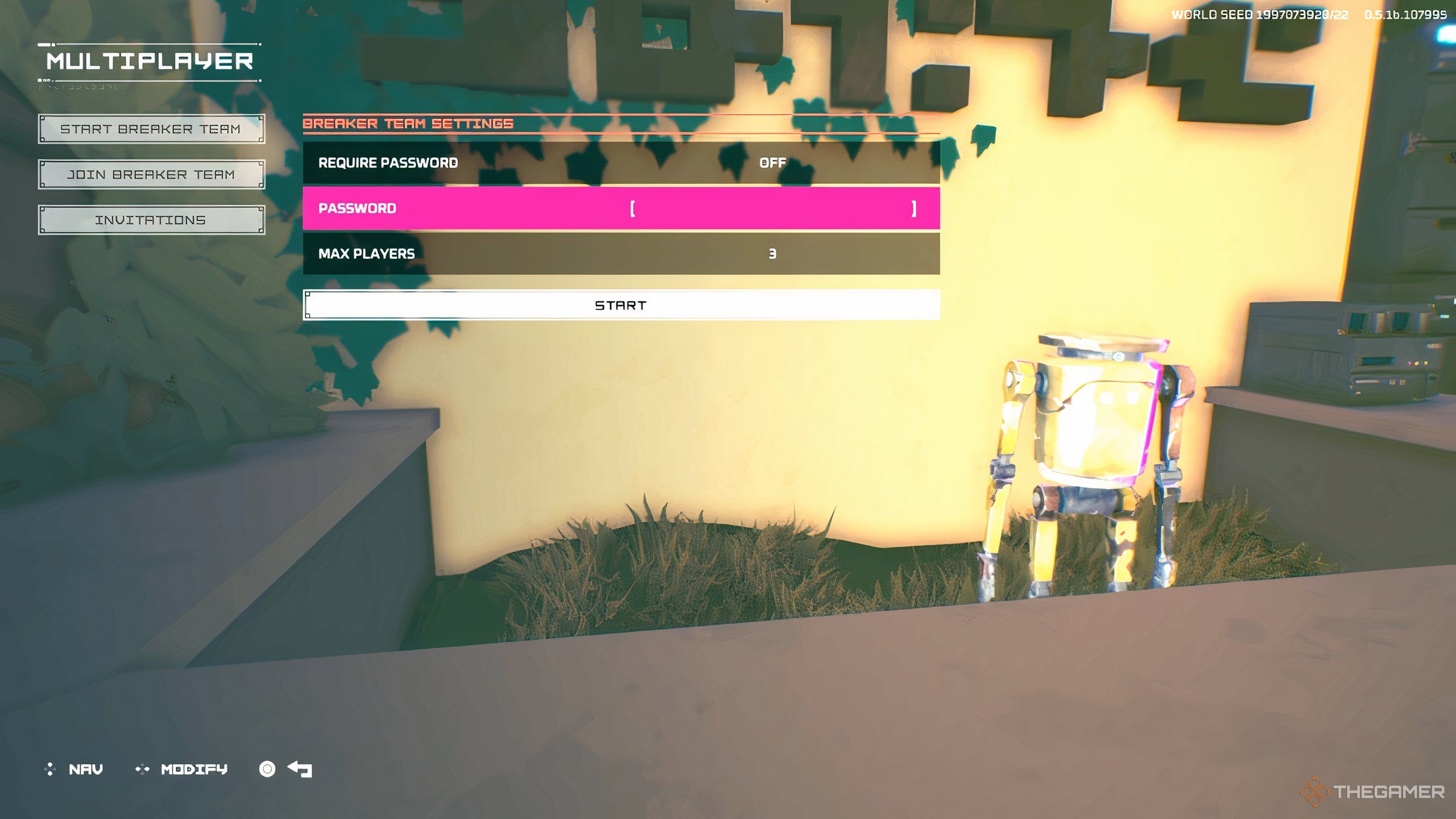 A small yellow robot behind a counter showing the player a multiplayer option UI in Hyper Light Breaker.
