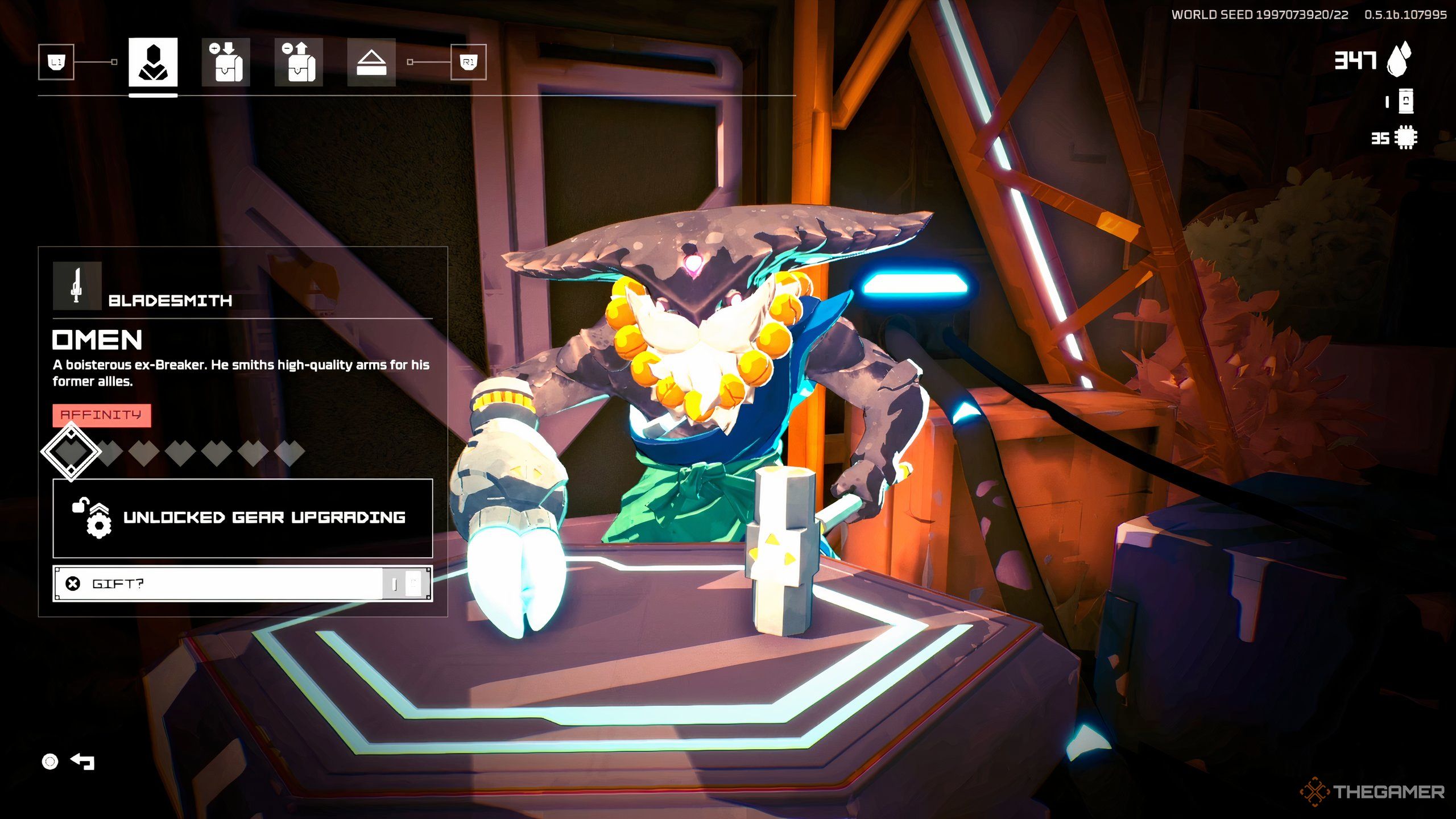 Omen the Bladesmith hammering away at an anvil in Hyper Light Breaker.