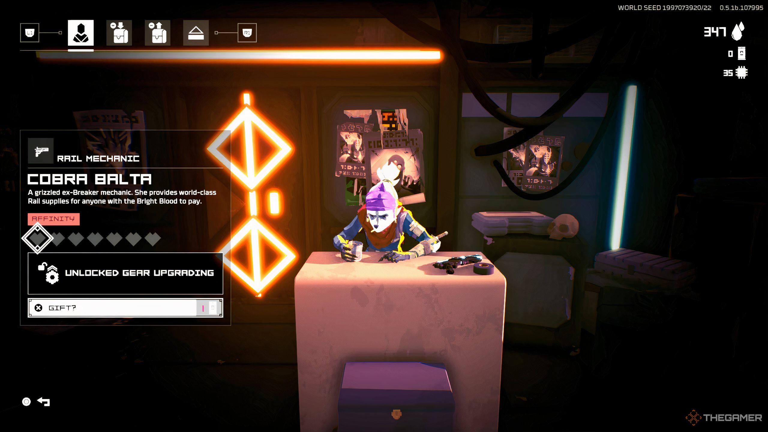 Cobra Balta resting his hands on a podium in the marketplace in Hyper Light Breaker.