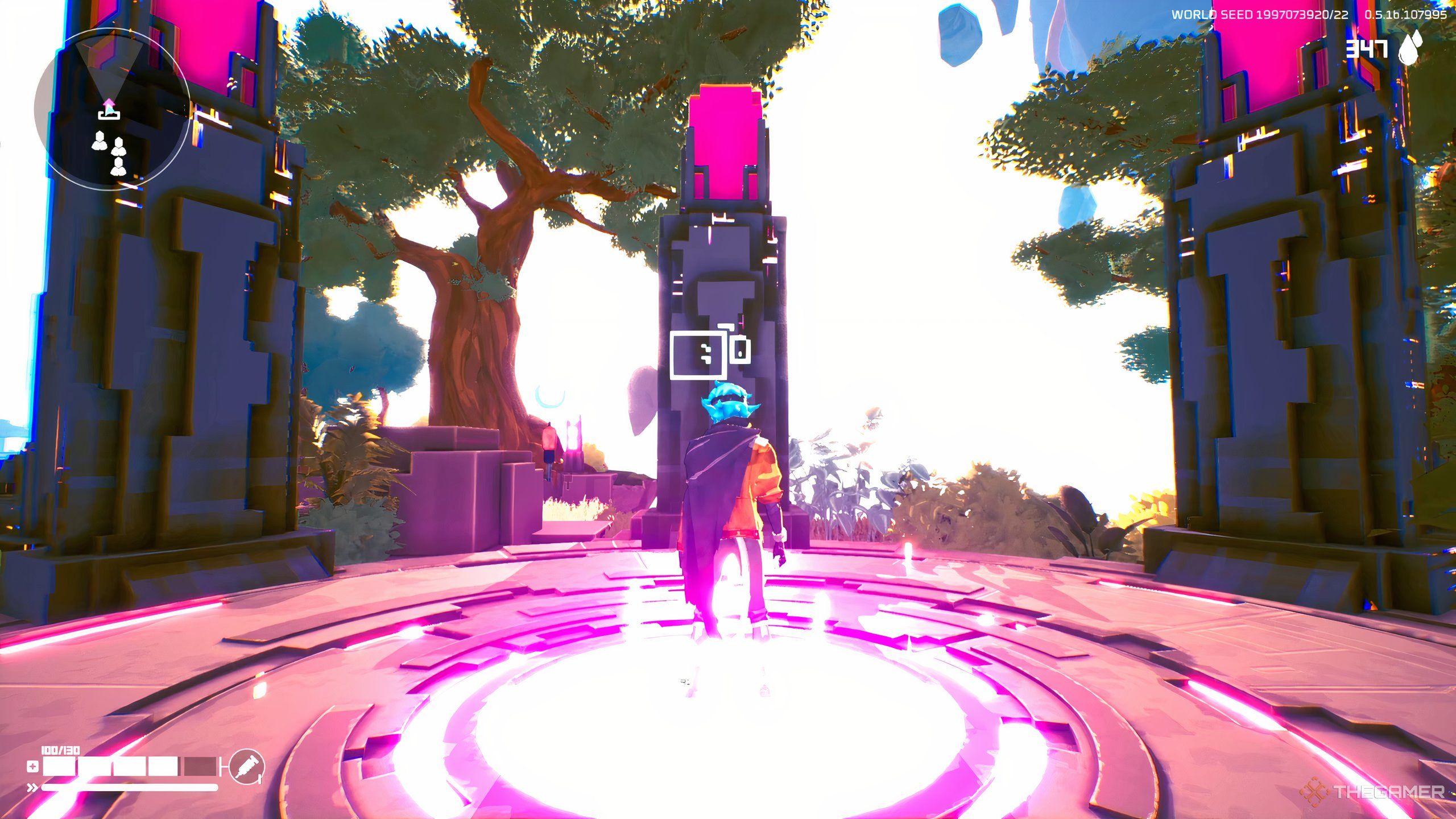 A large, glowing purple circle known as the Telepad in Hyper Light Breaker.