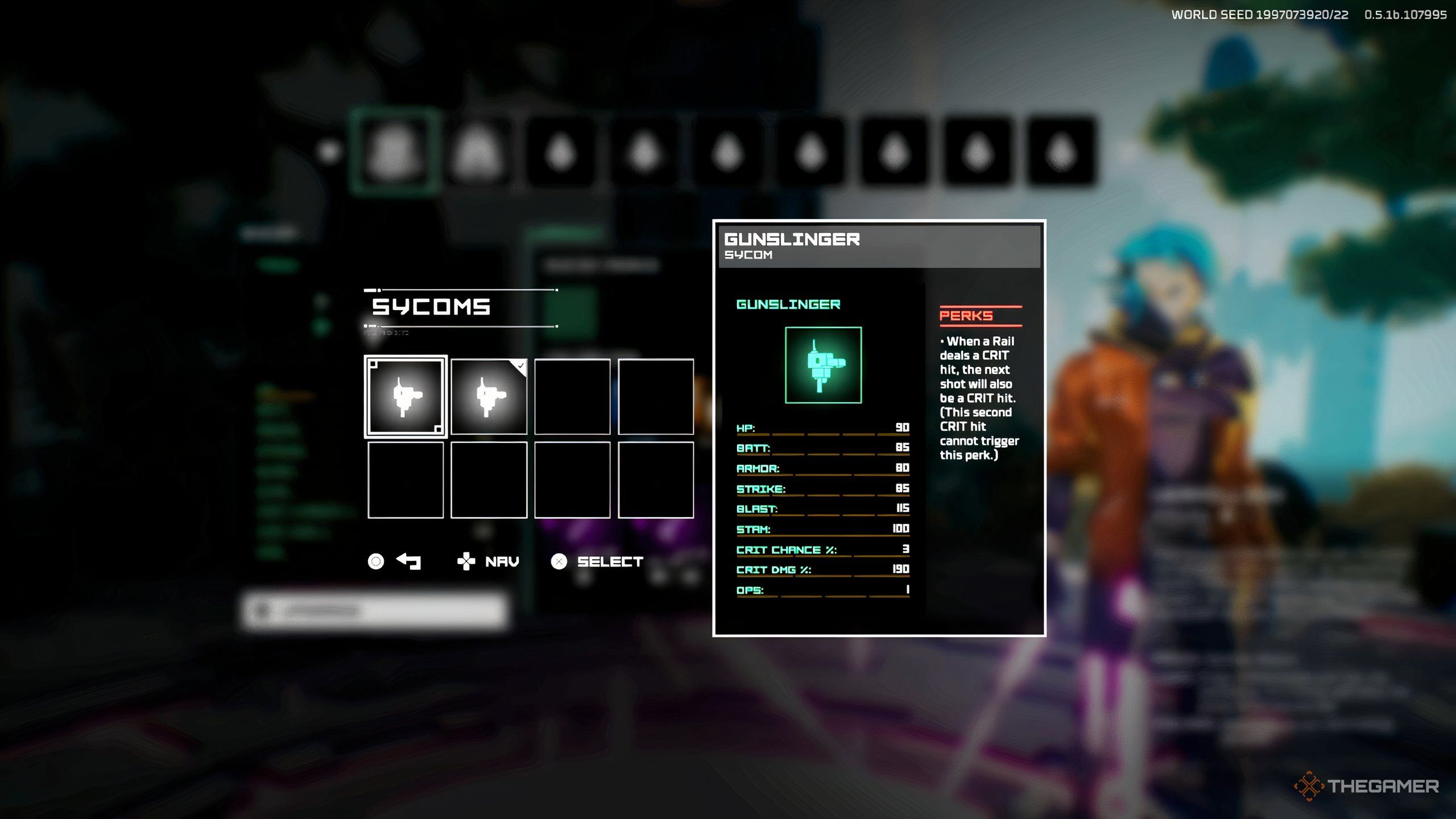 The UI screen for a Sycom&rsquo;s stats, detailing things like HP, Stamina, and more in Hyper Light Breaker.