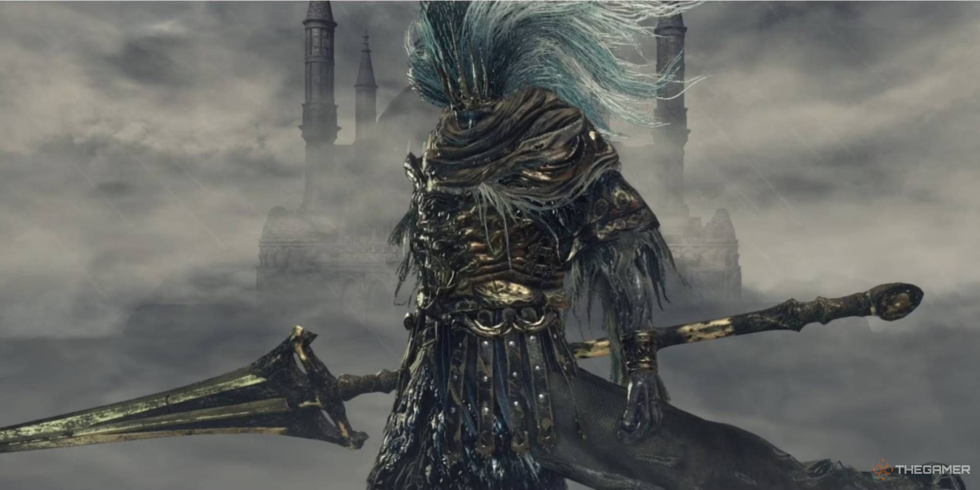 Nameless King standing before the Ashen one in Dark Souls 3. 