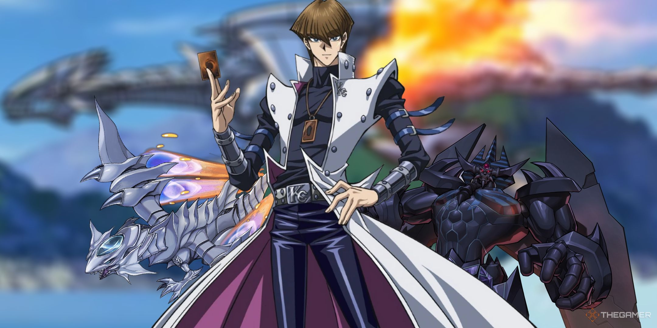 Seto Kaiba standing in front of a Blue Eyes White Dragon Jet and Obelisk from Yu-Gi-Oh!.