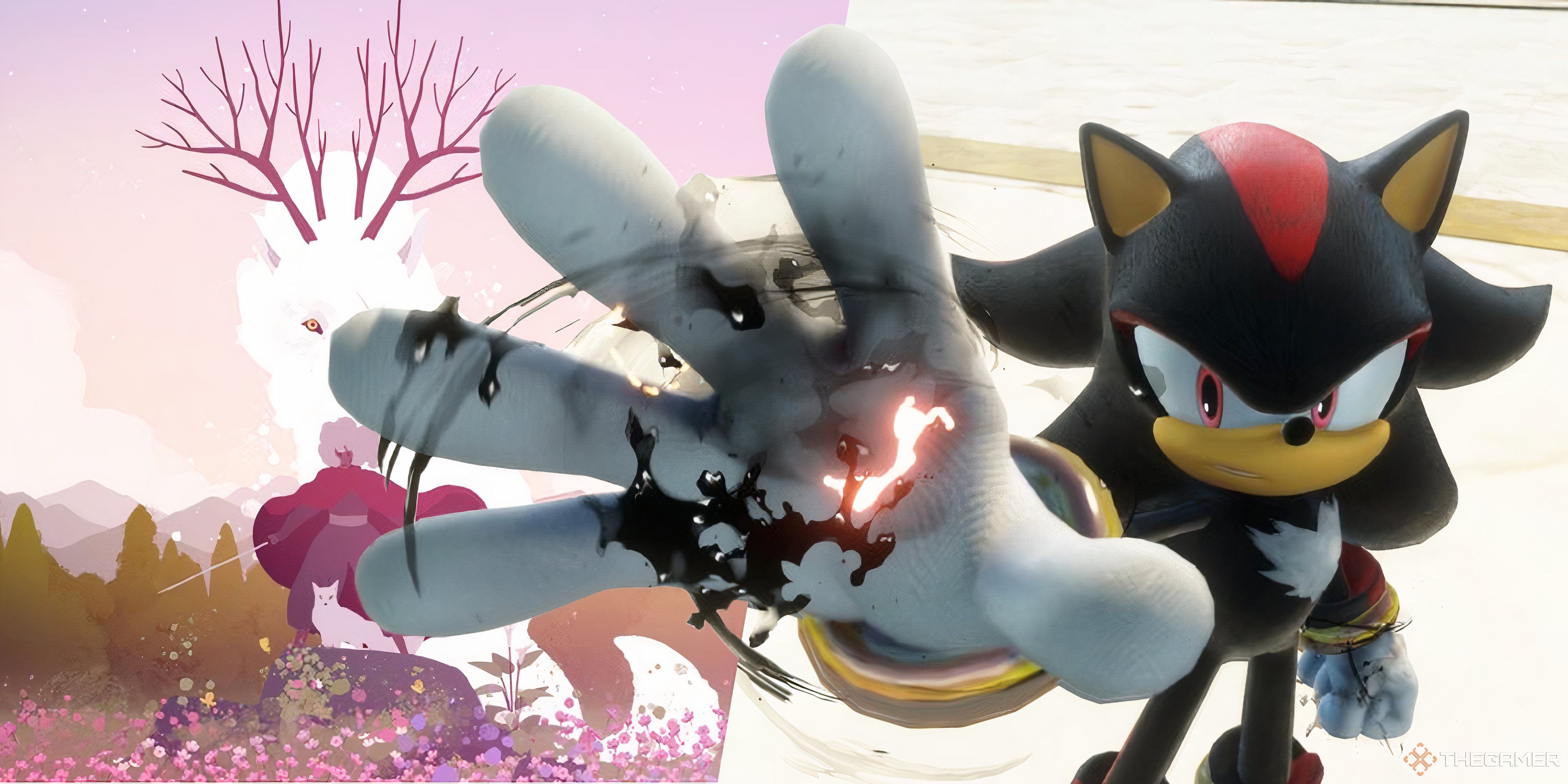 shadow the hedgehog reaching out his hand in front of neva's cover art.