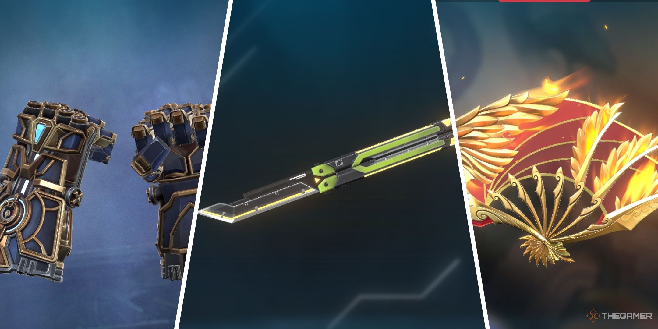 Showcasing three knife skins —Arcane Gauntlets, RGX butterfly, and Ignite Fan — in Valorant