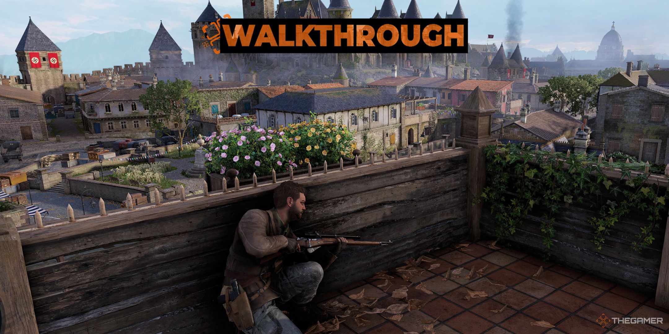 Harry Hawker behind a ledge overlooking a town in Sniper Elite: Resistance