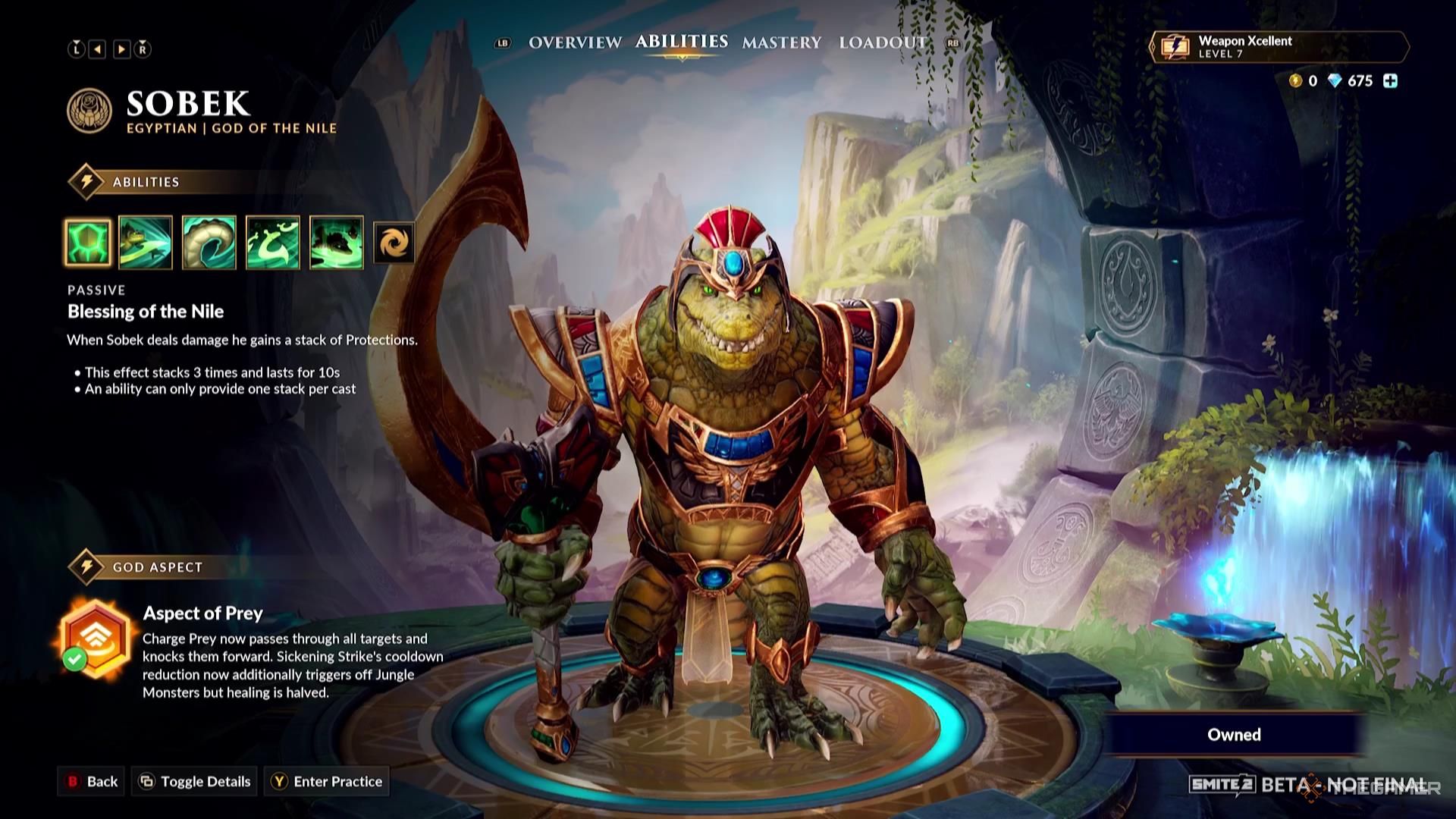 Sobek&rsquo;s God Aspect in their ability screen of Smite 2.