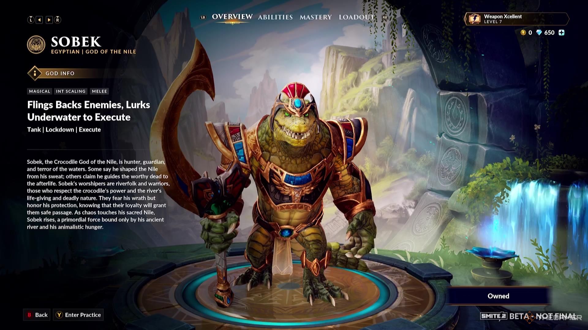 Sobek stands in a pedestal in Smite 2.