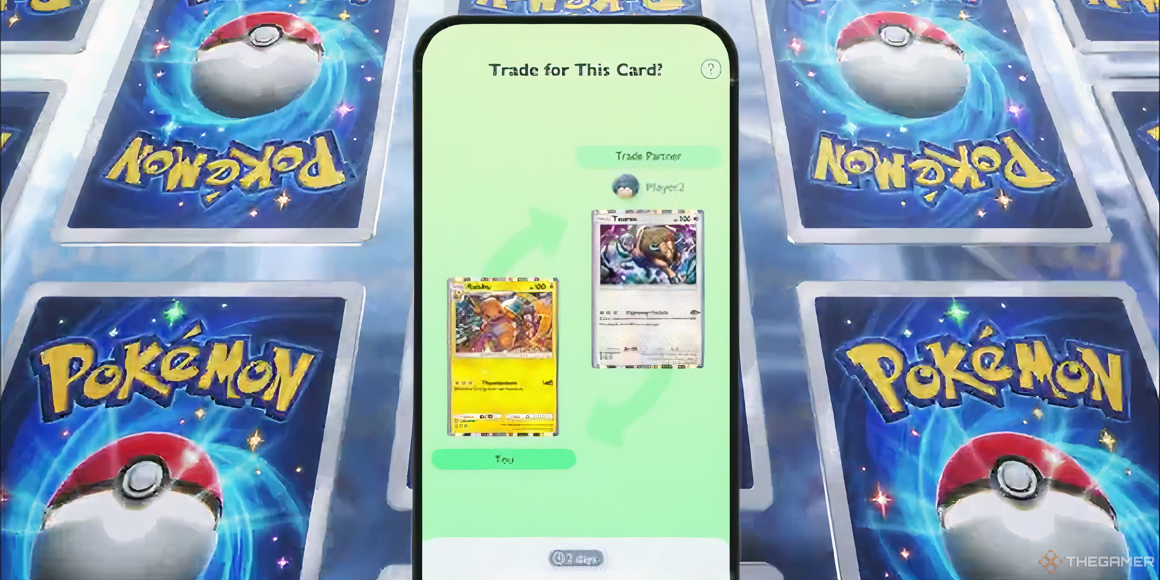 someone making a trade in pokemon tcg pocket on a pokemon card background.