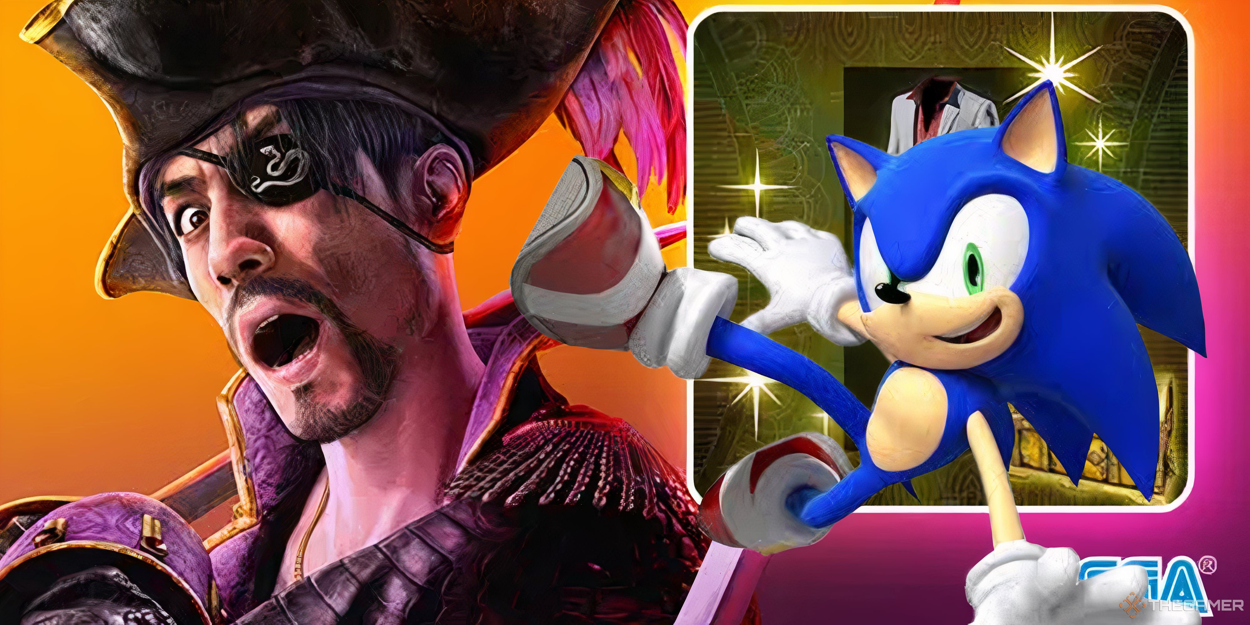 sonic jumping next to majima from like a dragon dressed as a pirate.