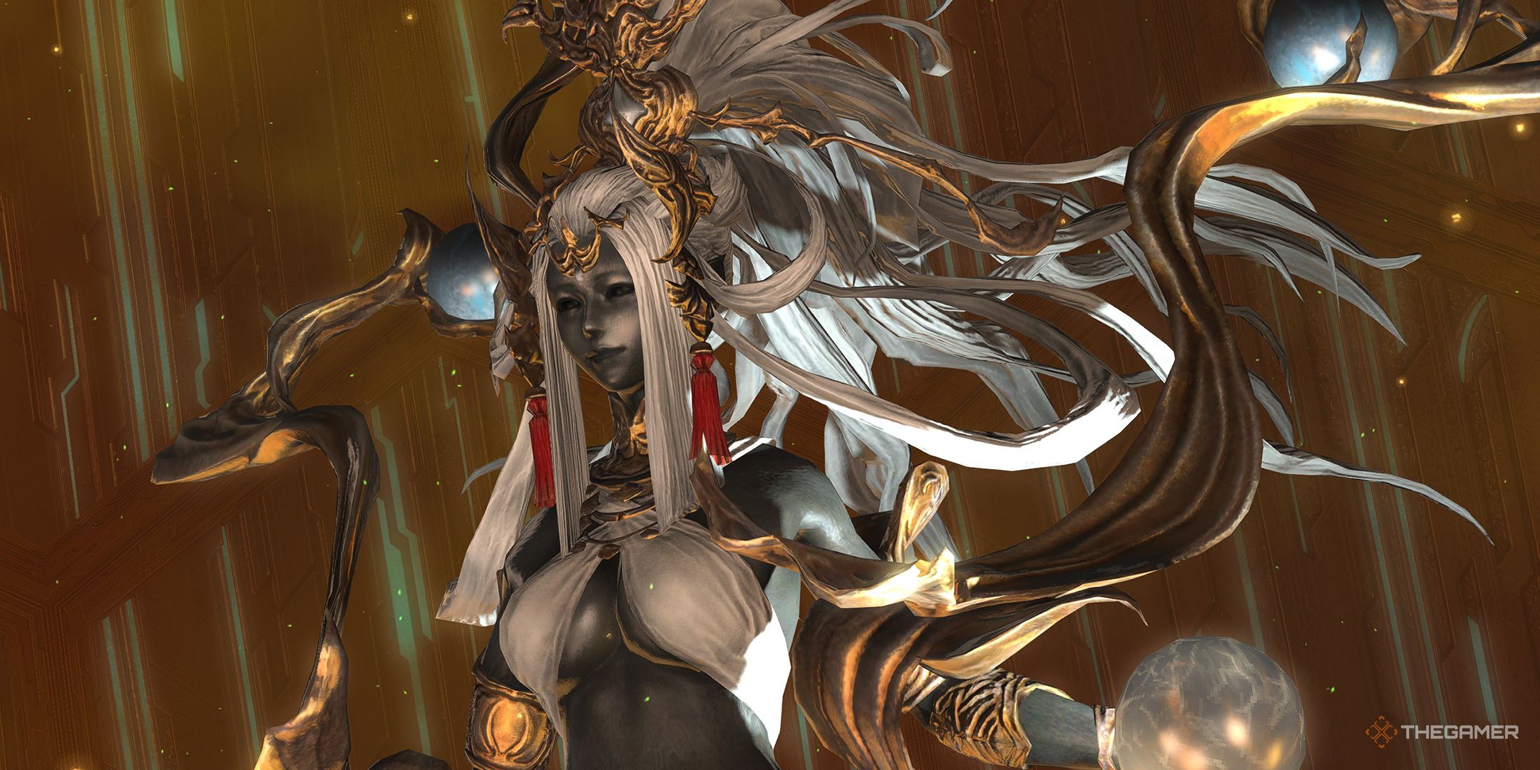 Sophia, the Goddess, emerging from her statue in Containment Bay P1T6 in Final Fantasy 14.