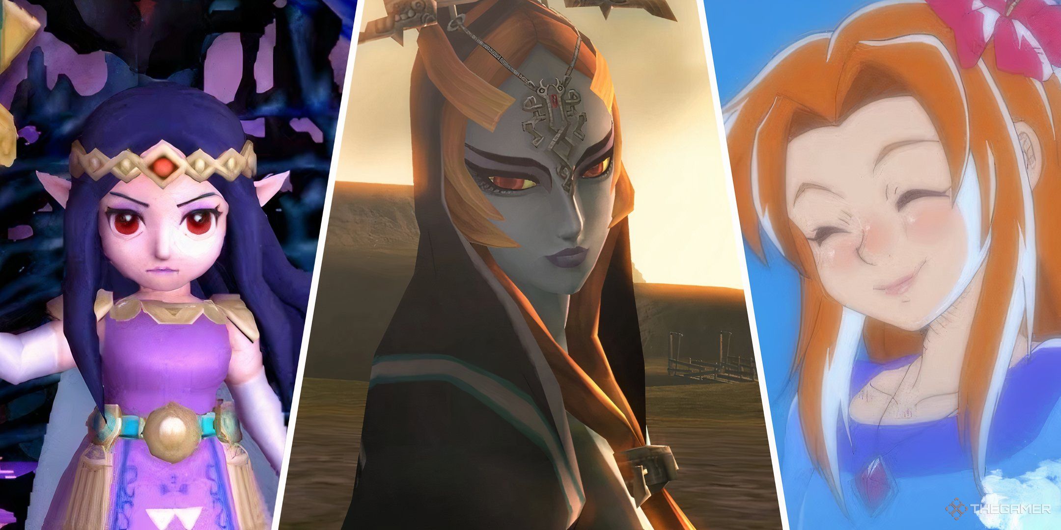 پایان این بازی های Zelda برای همیشه در کنار شما خواهد ماند 3 تصاویر تقسیم شده از هیلدا ، میدنا و مارین از افسانه زلدا.