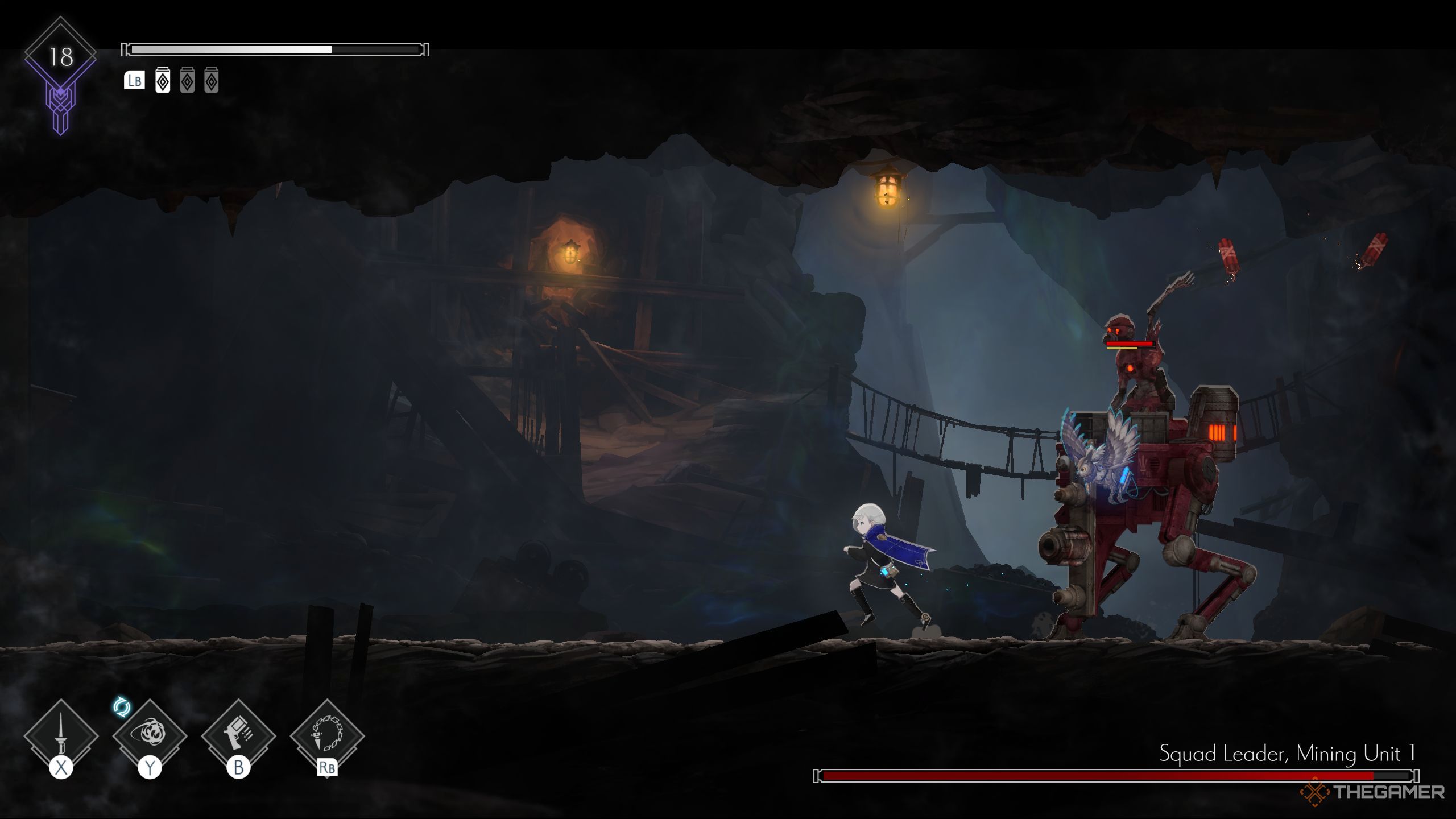 The player runs in front of the Squad Leader, the mining unit 1, the dynamite throws 