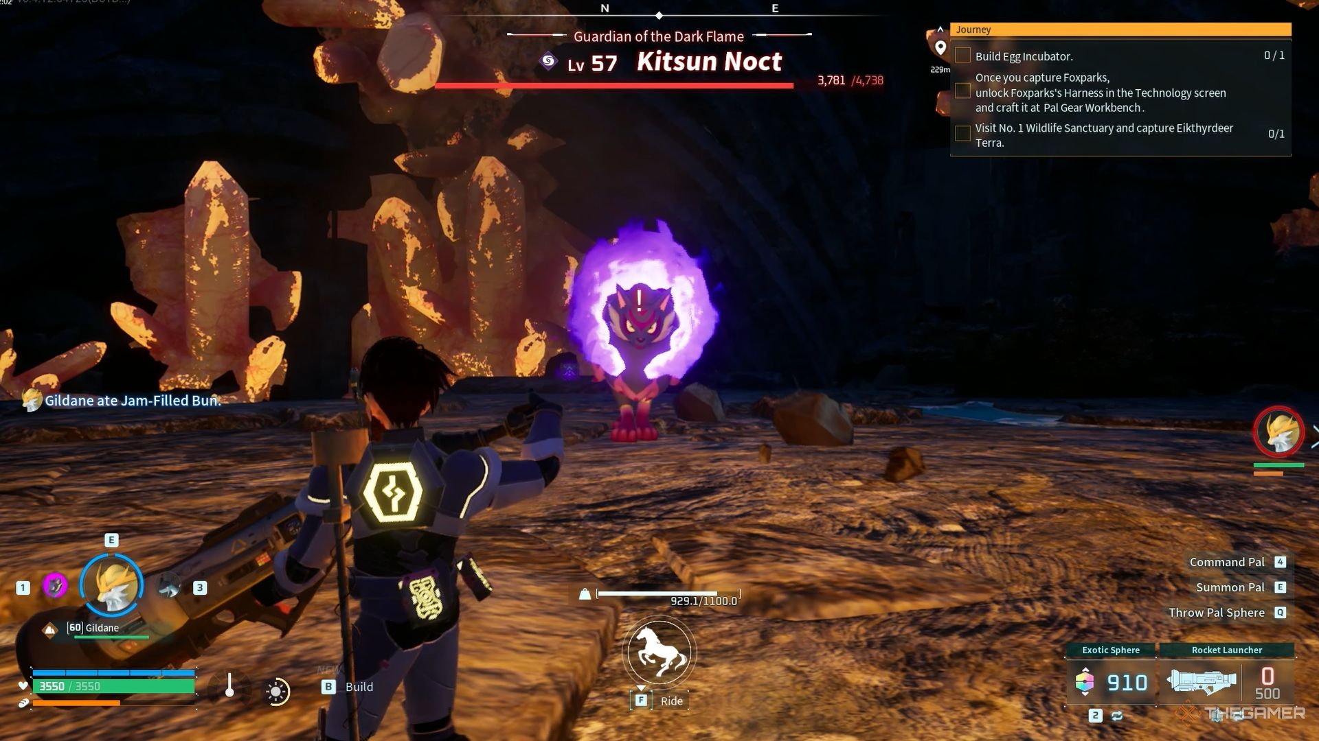 The player is facing against the Alpha Boss Kitsun Noct inside the Dark Ember Cave in Palworld.