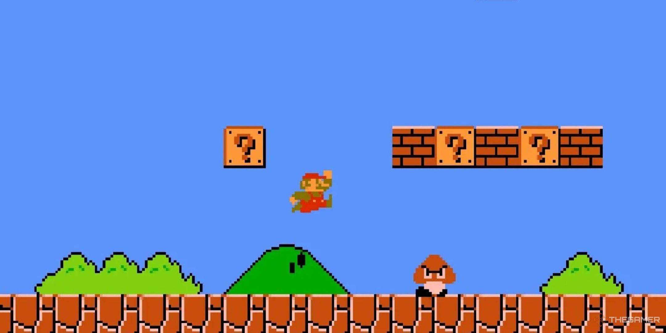 Mario and a Goomba in World 1-1 of Super Mario Bros (1985) for the NES.