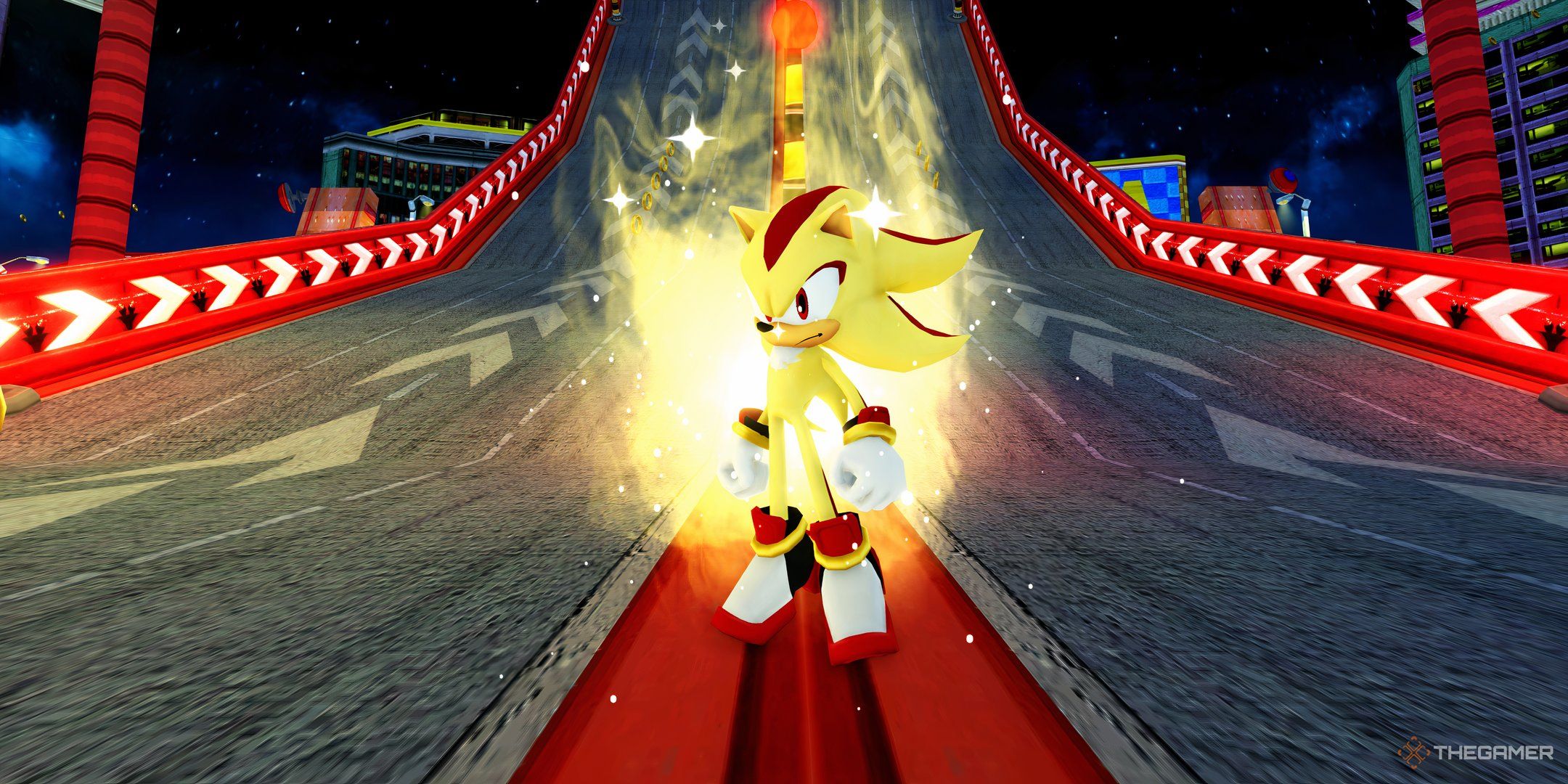 Super Shadow posing in Radical Highway, in Roblox: Sonic Speed Simulator.