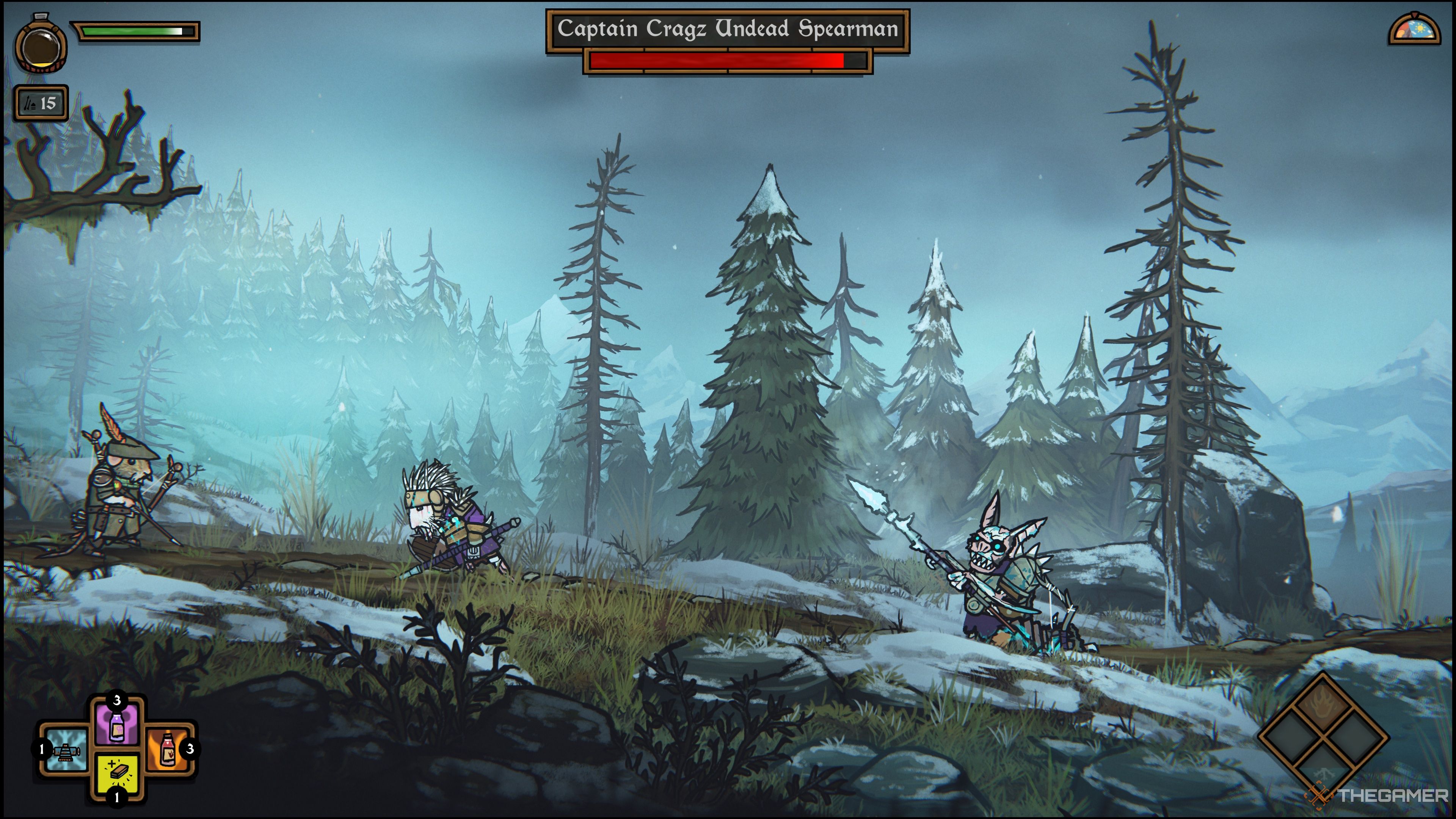 آرلو با کاپیتان Cragz Undead Spearman در Tails of Iron 2: Whiskers of Winter می جنگد.