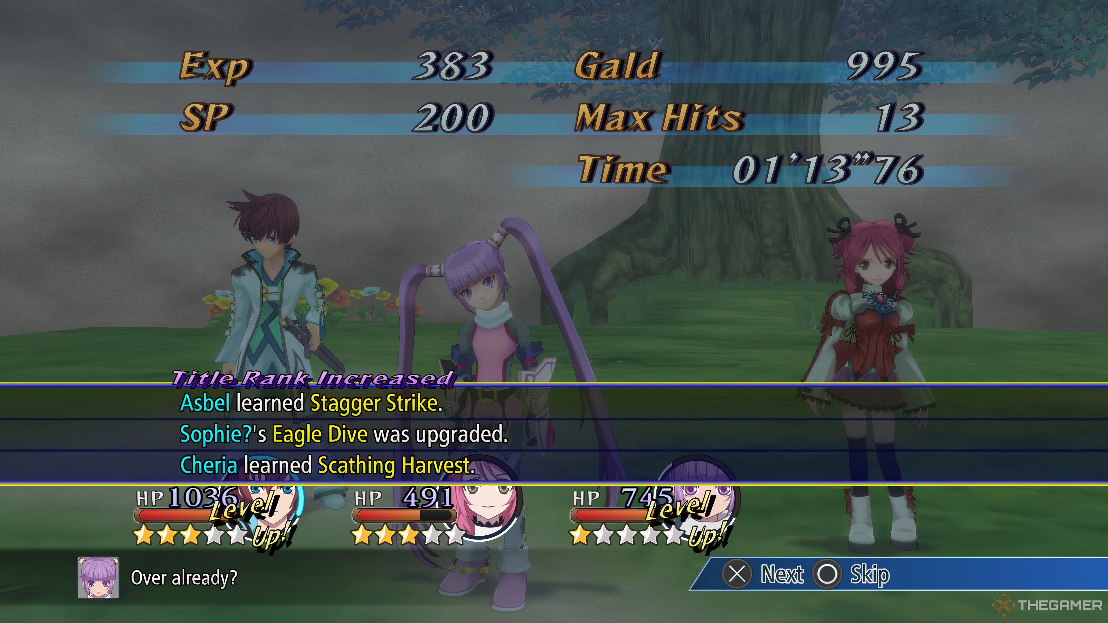 Asbel, Sophie, and Cheria learning new skills by upgrading their Titles in Tales Of Graces F Remastered.