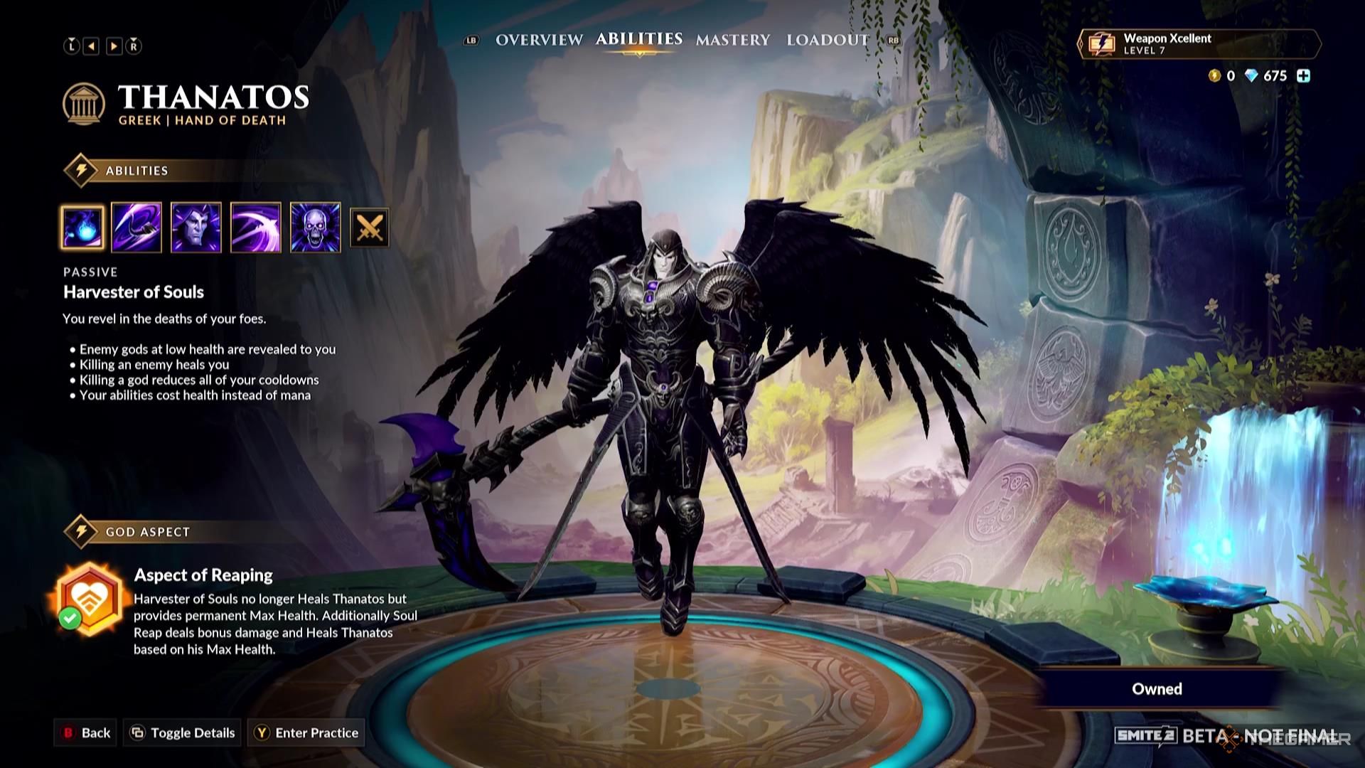 Thanatos' God Aspect in their ability screen of Smite 2.