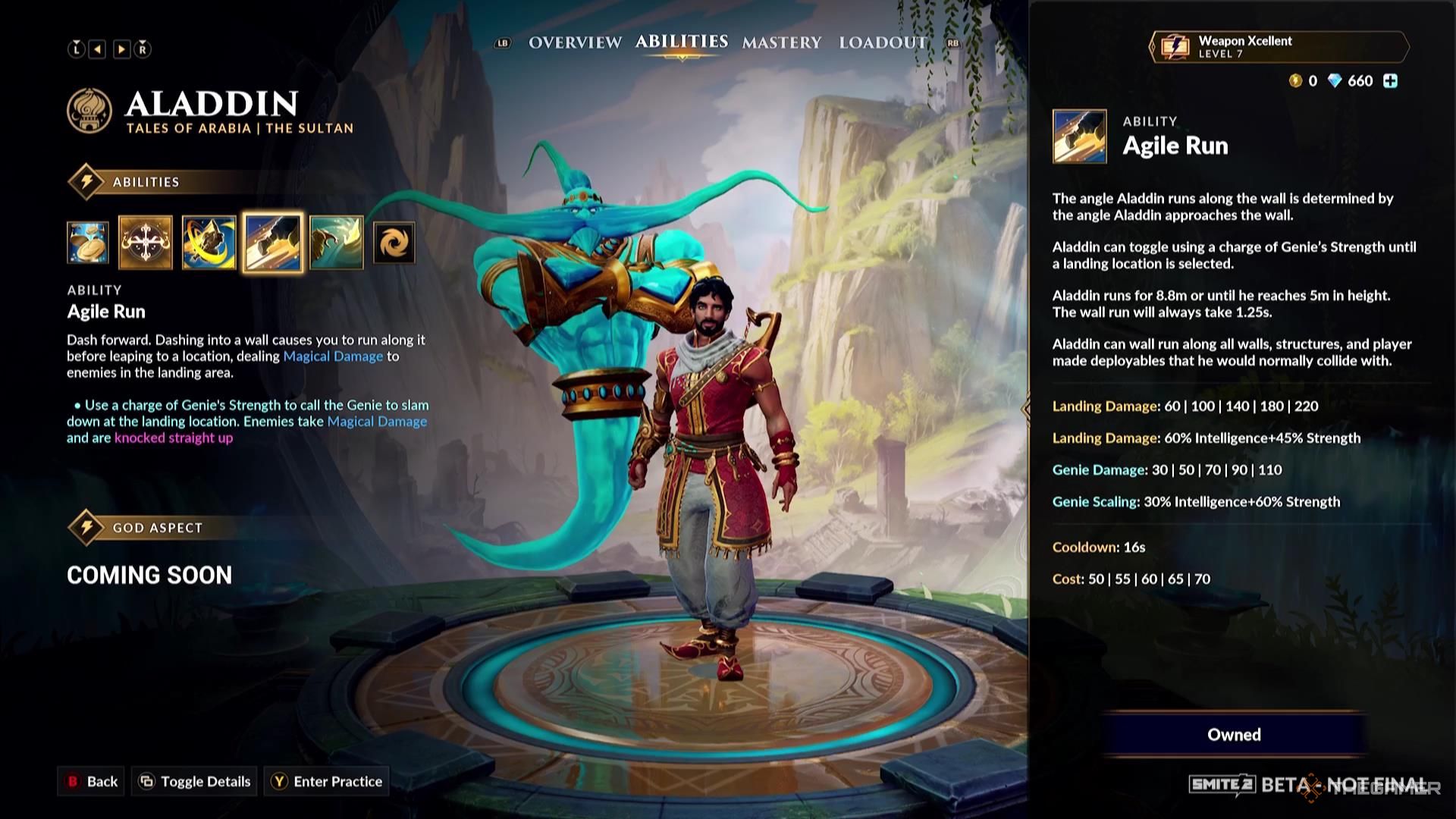 توضیحات توانایی اجرای چابک برای علاءالدین در Smite 2.