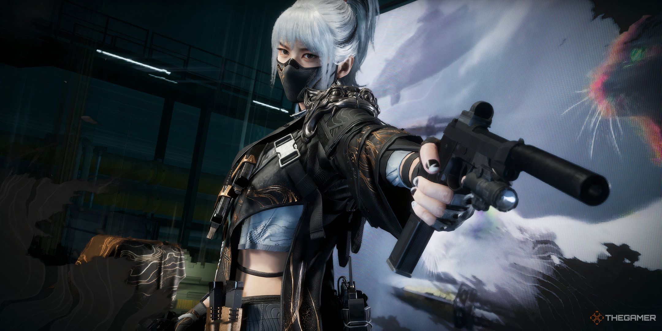 Hackclaw pointing her gun at the camera in Delta Force.