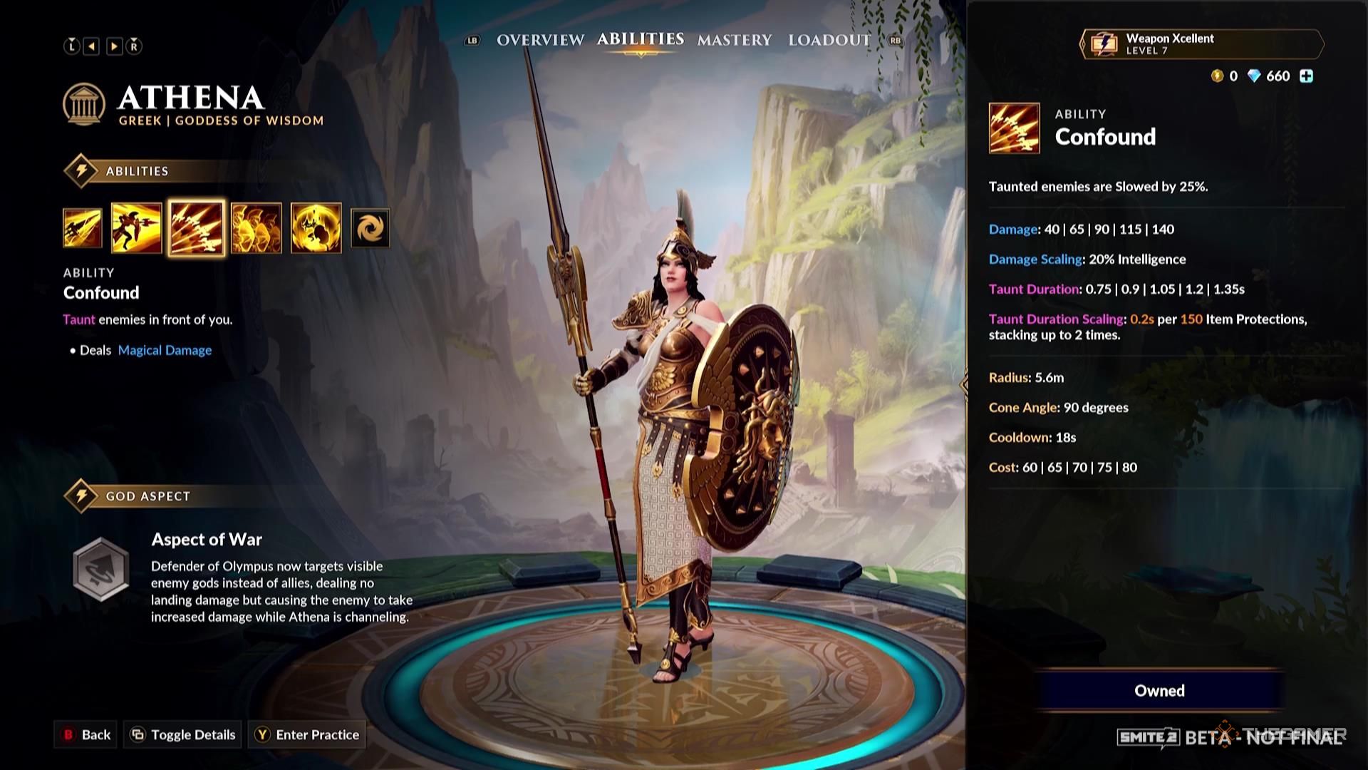 The Confound ability description for Athena in Smite 2.