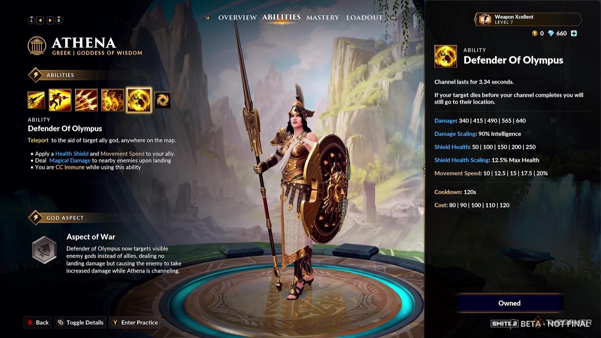 The Defender Of Olympus ability description for Athena in Smite 2.