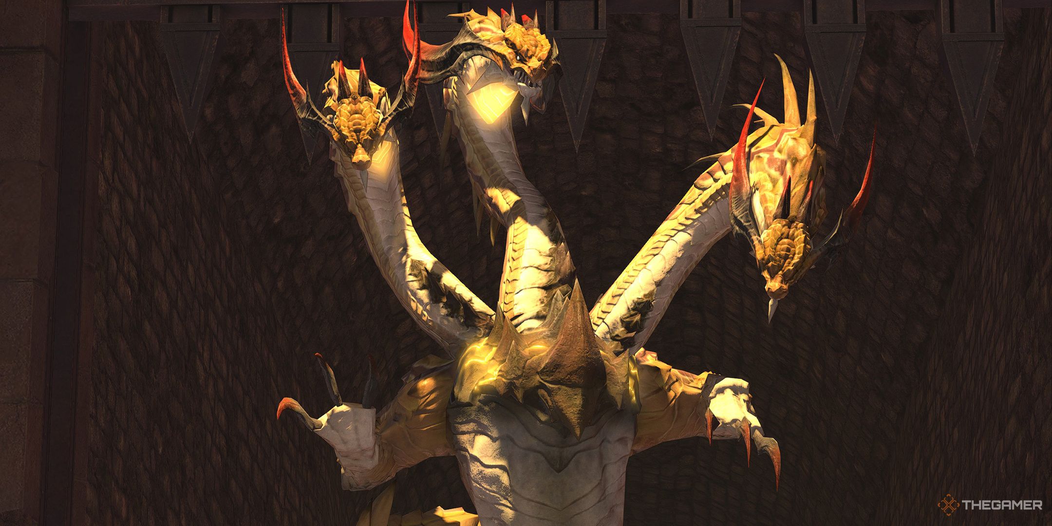 The Hydra&rsquo;s three heads emerging from a door in the coliseum in Thanalan in Final Fantasy 14.