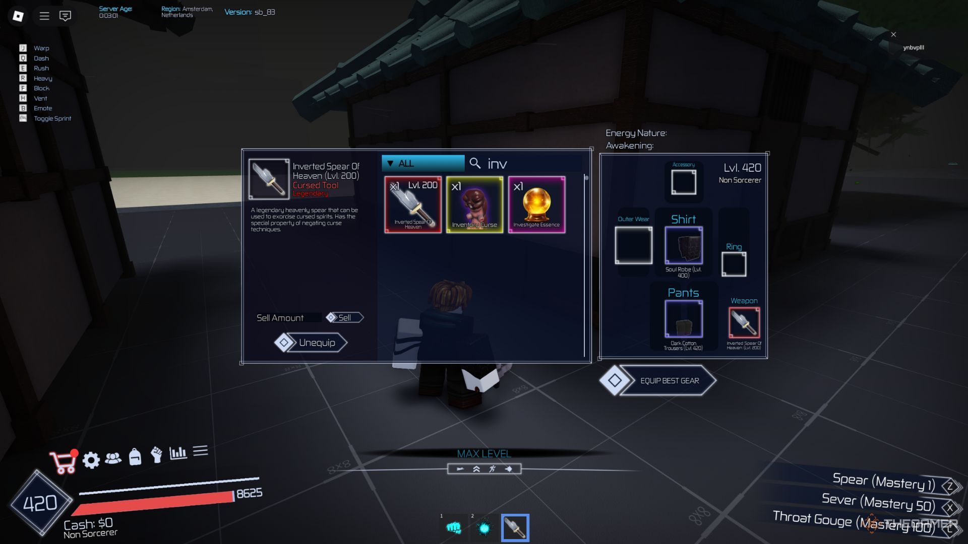 The player character shows the Inverted Spear Of Heaven in his inventory in Jujutsu Infinite.