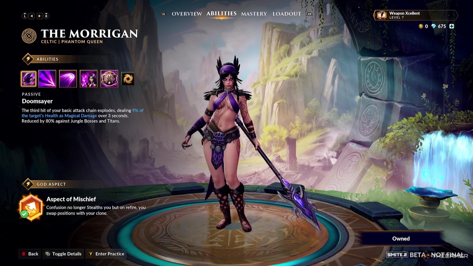 The Morrigan&rsquo;s God Aspect in their ability screen of Smite 2.