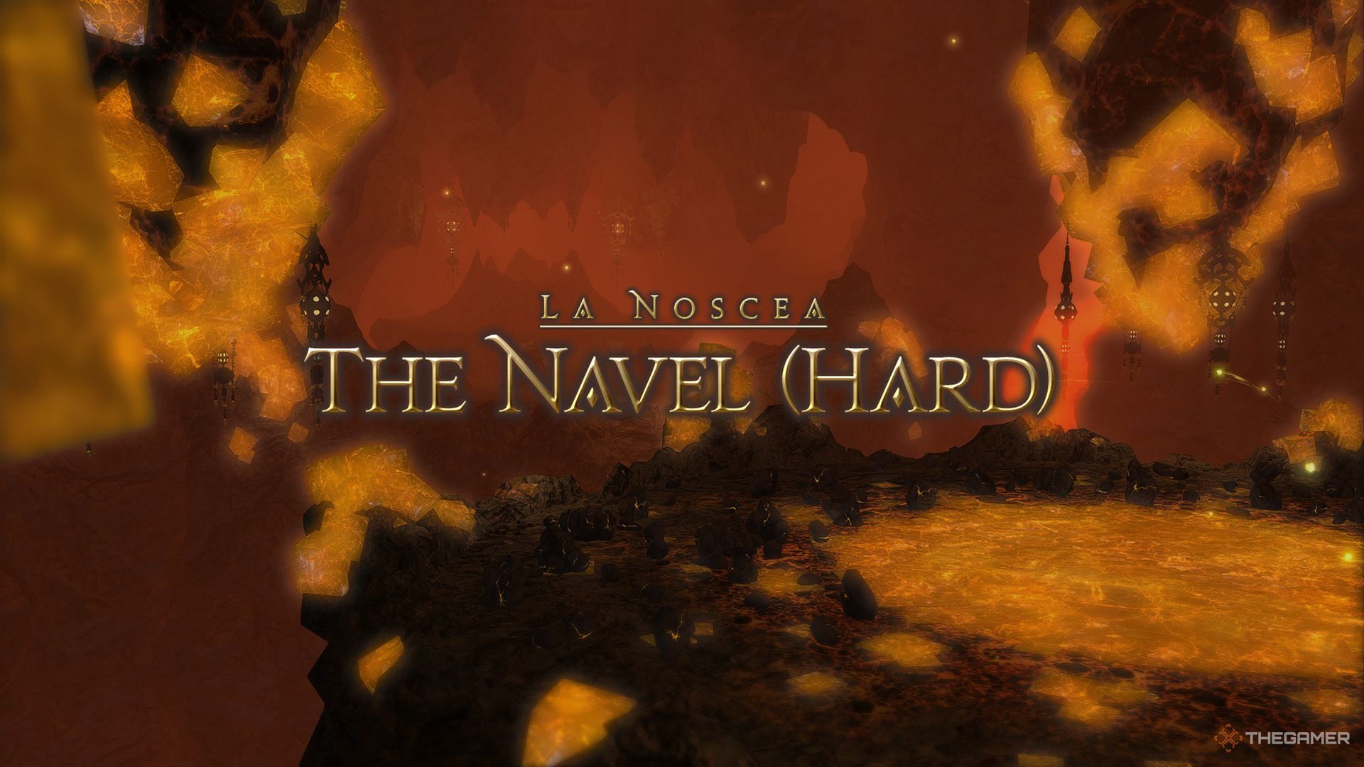 The intro title for The Navel (Hard), with orange rocks and crystals in the background.