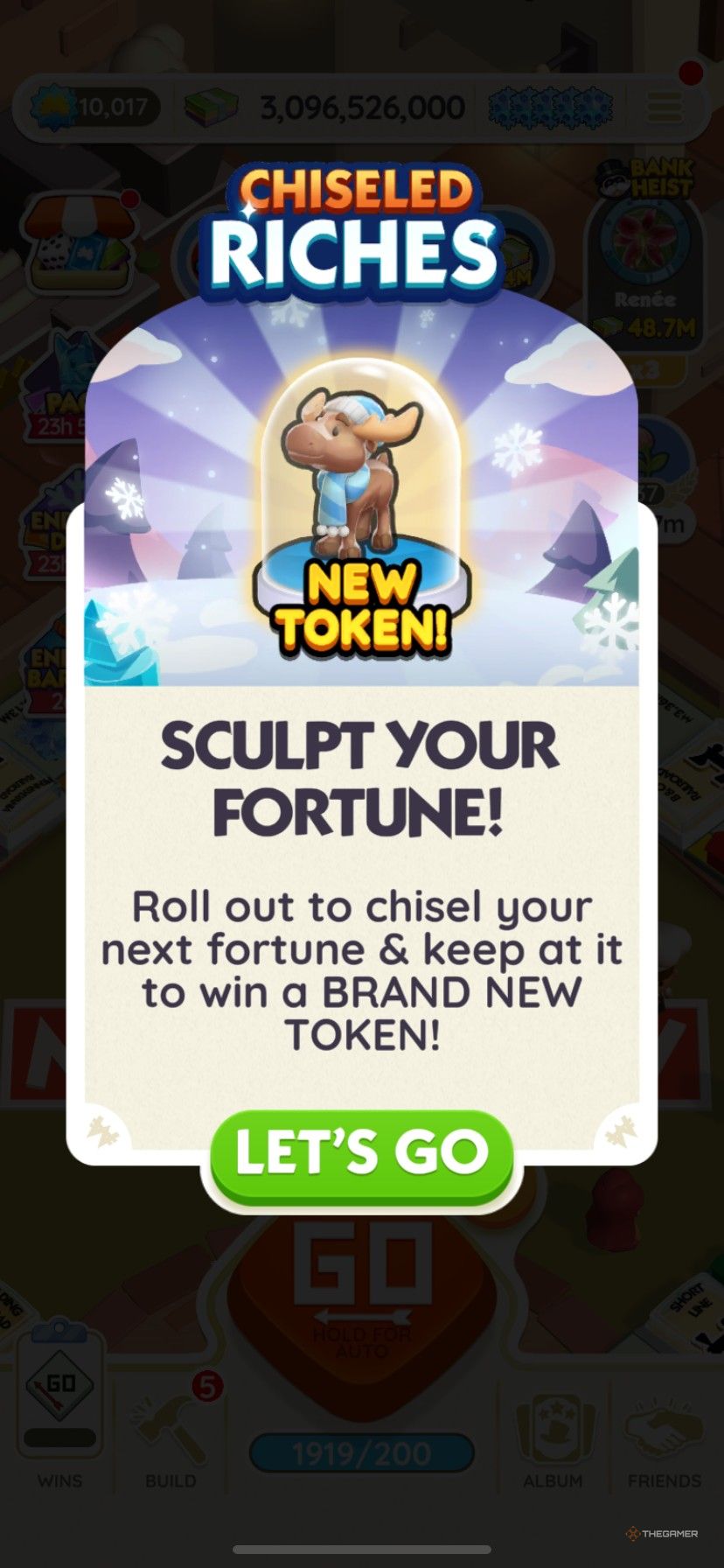 The new winter moose token from Chiseled Riches in Monopoly Go.