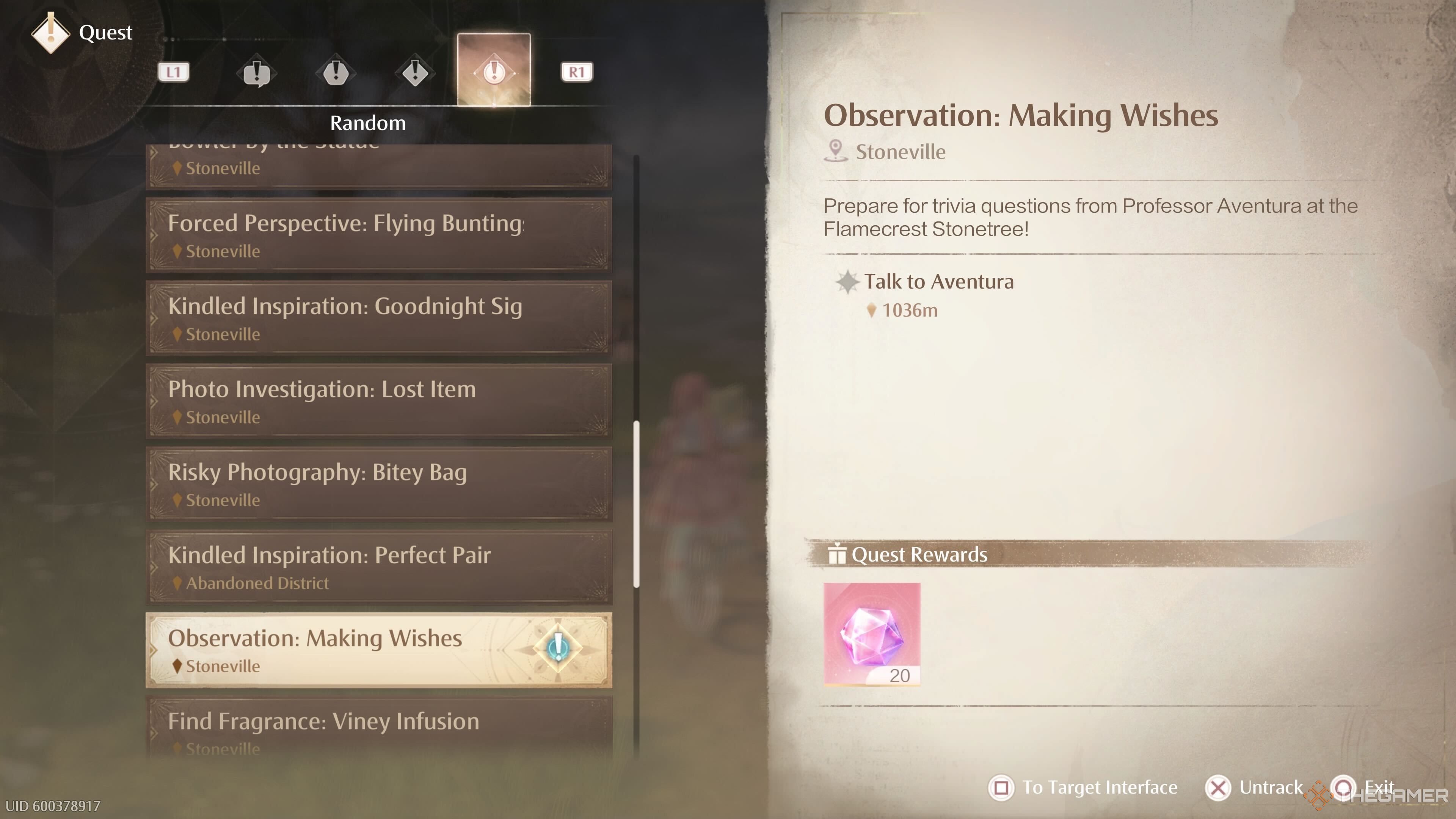 ردیاب جستجوی Observation Making Wishes در برگه تصادفی فهرست جستجو در Infinity Nikki.