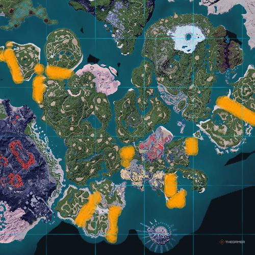 The orange-colored areas shows the possible Celaray spawn location on the map in Palworld