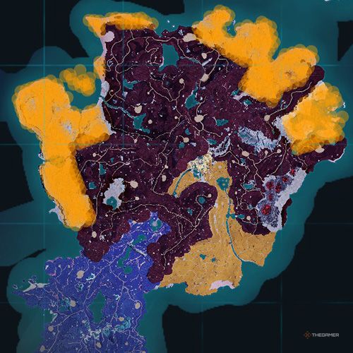 The orange-colored areas shows the possible Gildane spawn location on the map in Palworld