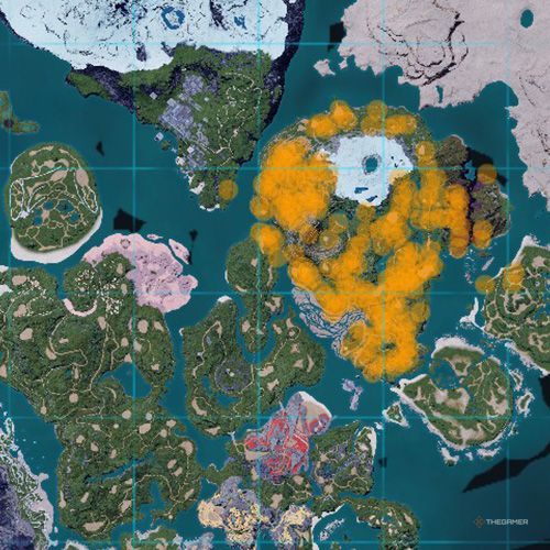 The orange-colored areas shows the possible Gorirat spawn location on the map in Palworld