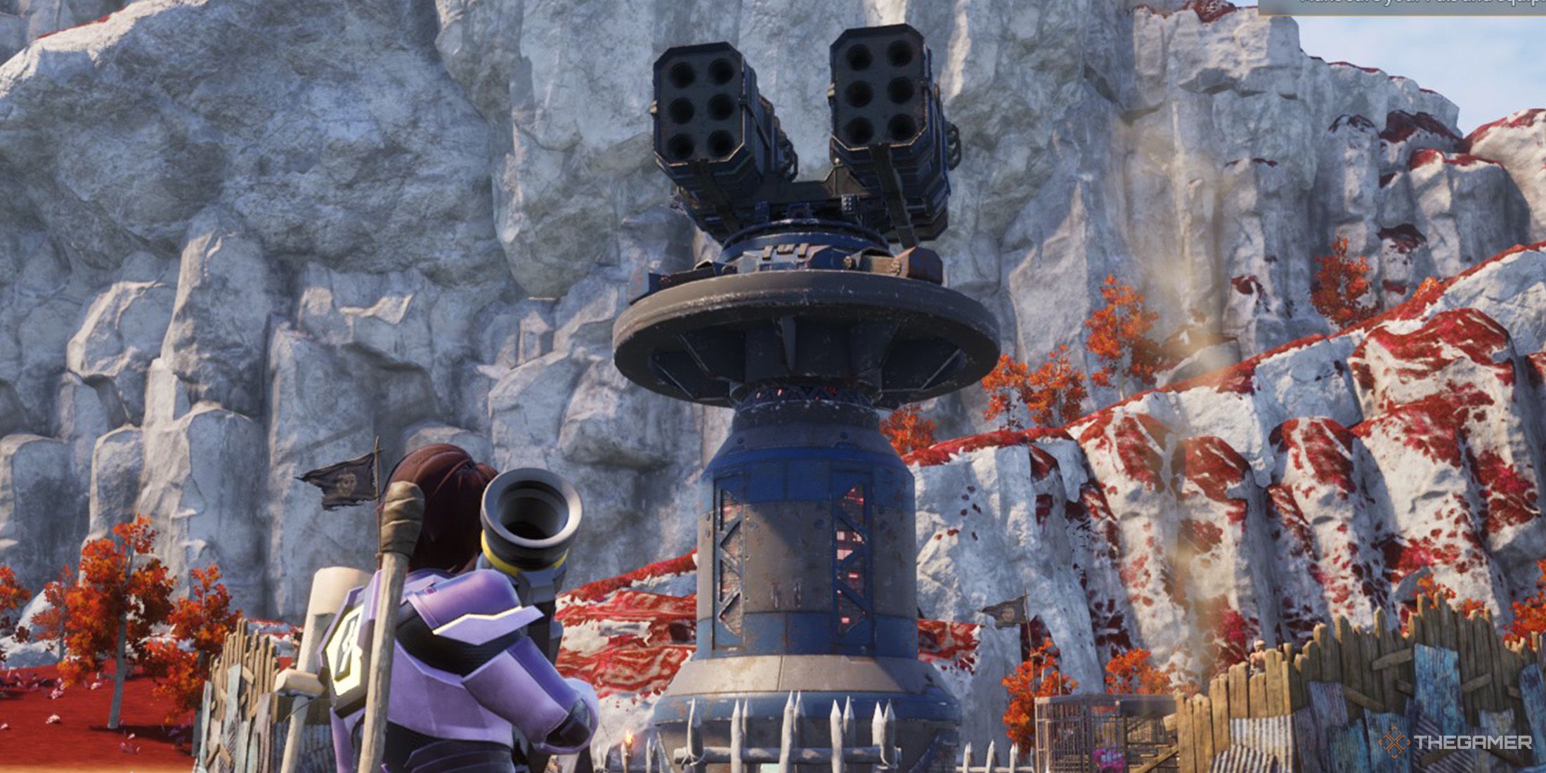 The player is standing in front of the anti-aircraft misille in Palworld