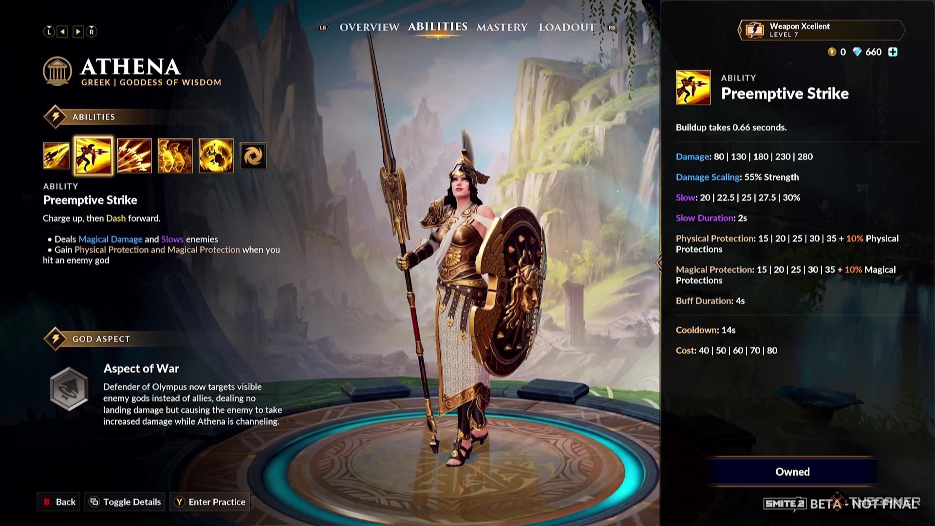 The Preemptive Strike ability description for Athena in Smite 2.