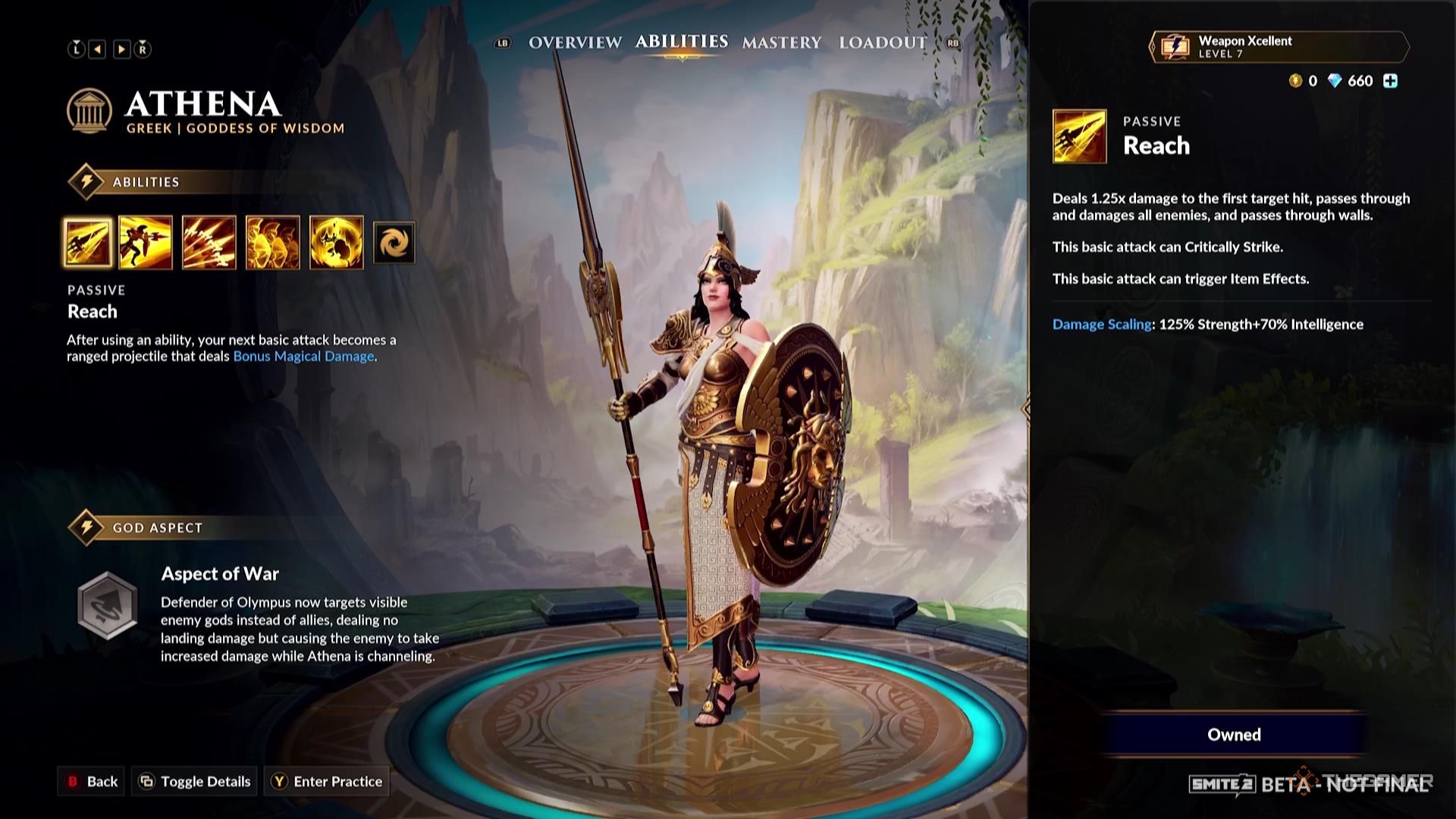 The Reach ability description for Athena in Smite 2.