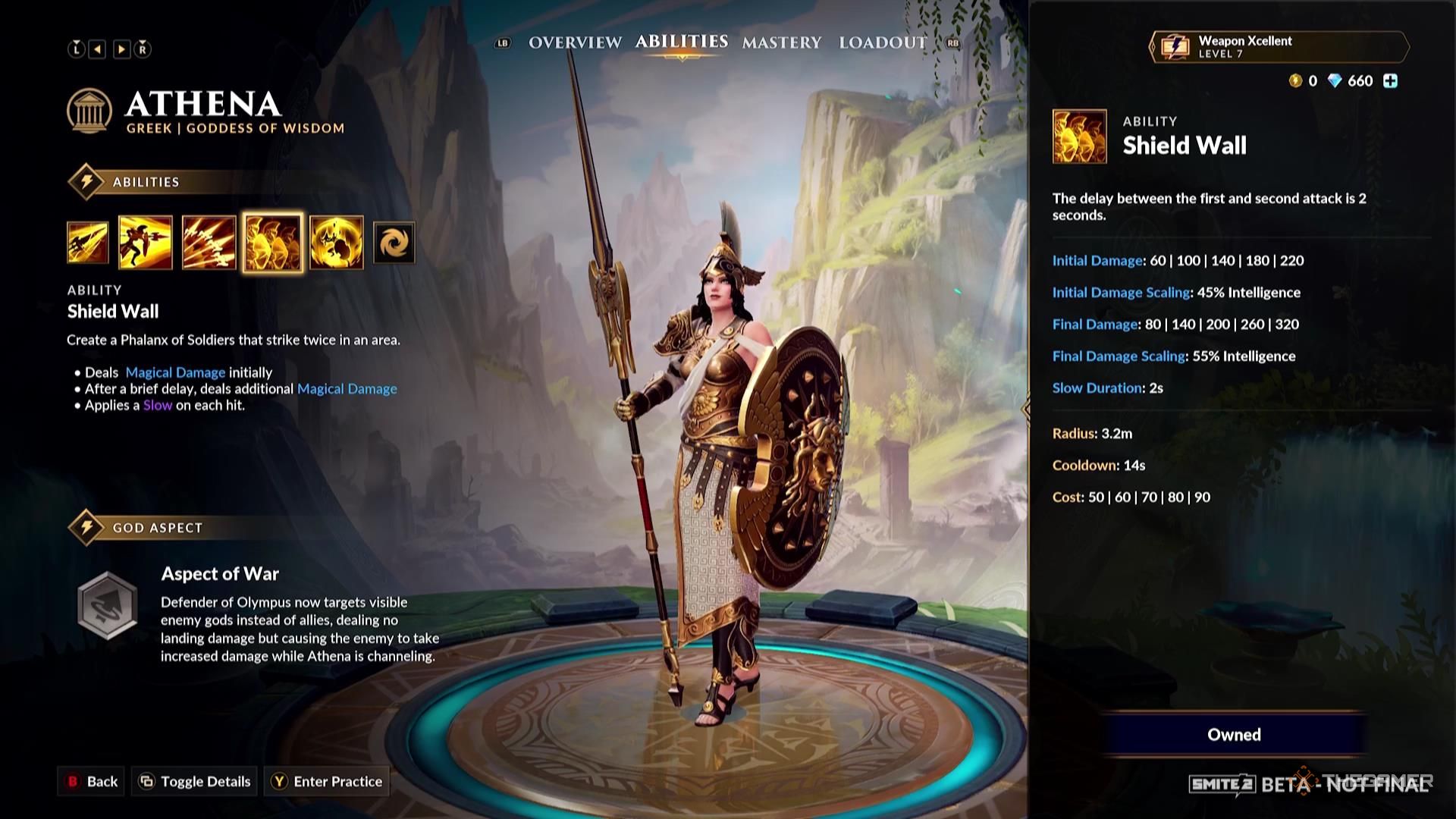The Shield Wall ability description for Athena in Smite 2.