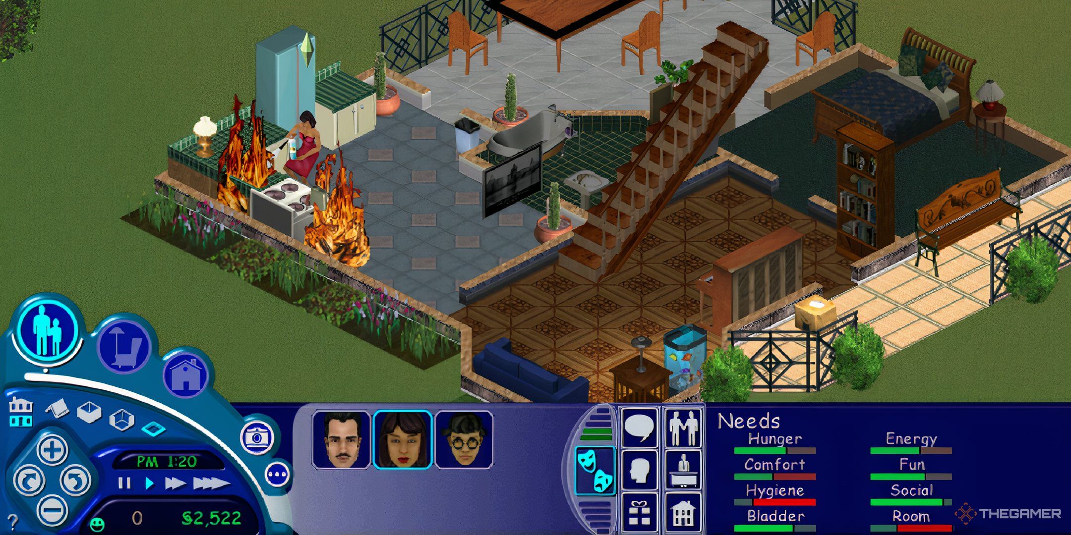 The Sims 1 Bella fire fighting in the kitchen.