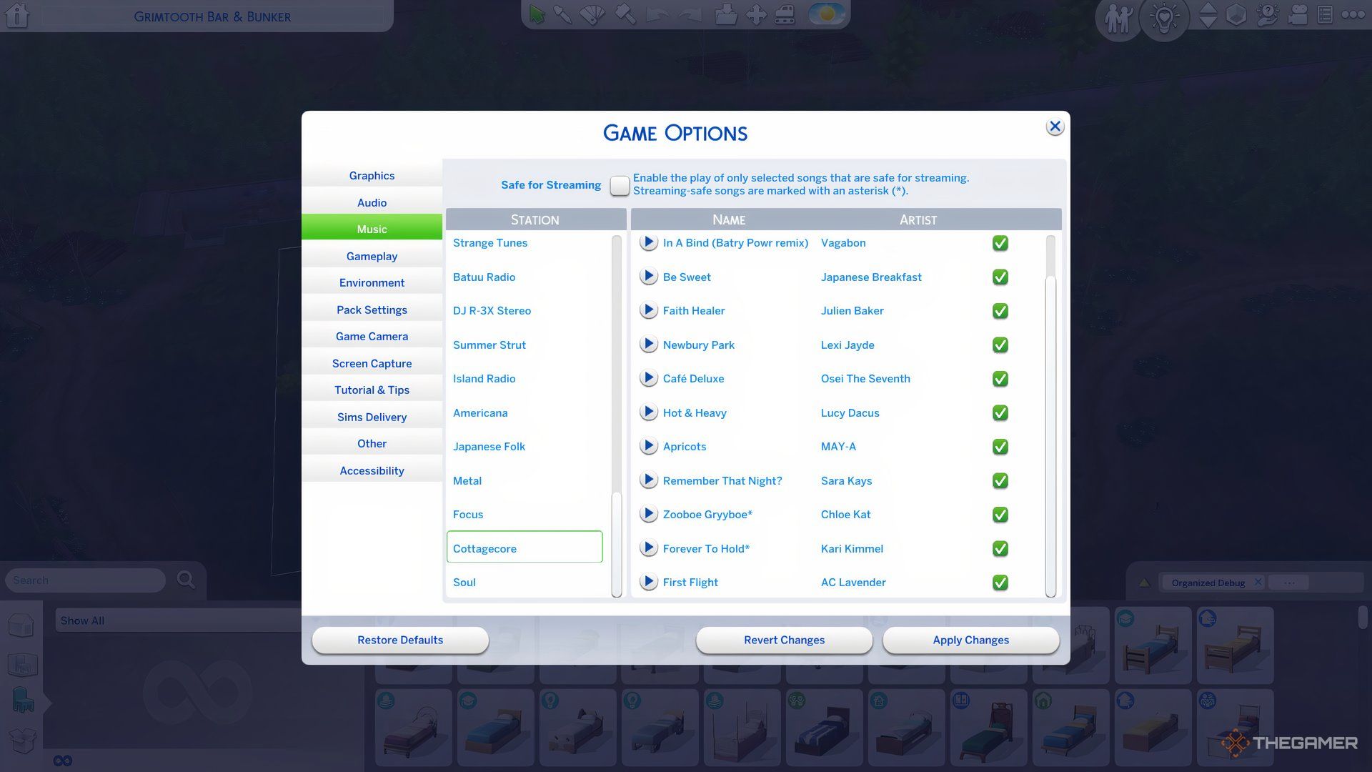 The Sims 4 Music menu displaying the Cottagecore radio station and custom music.