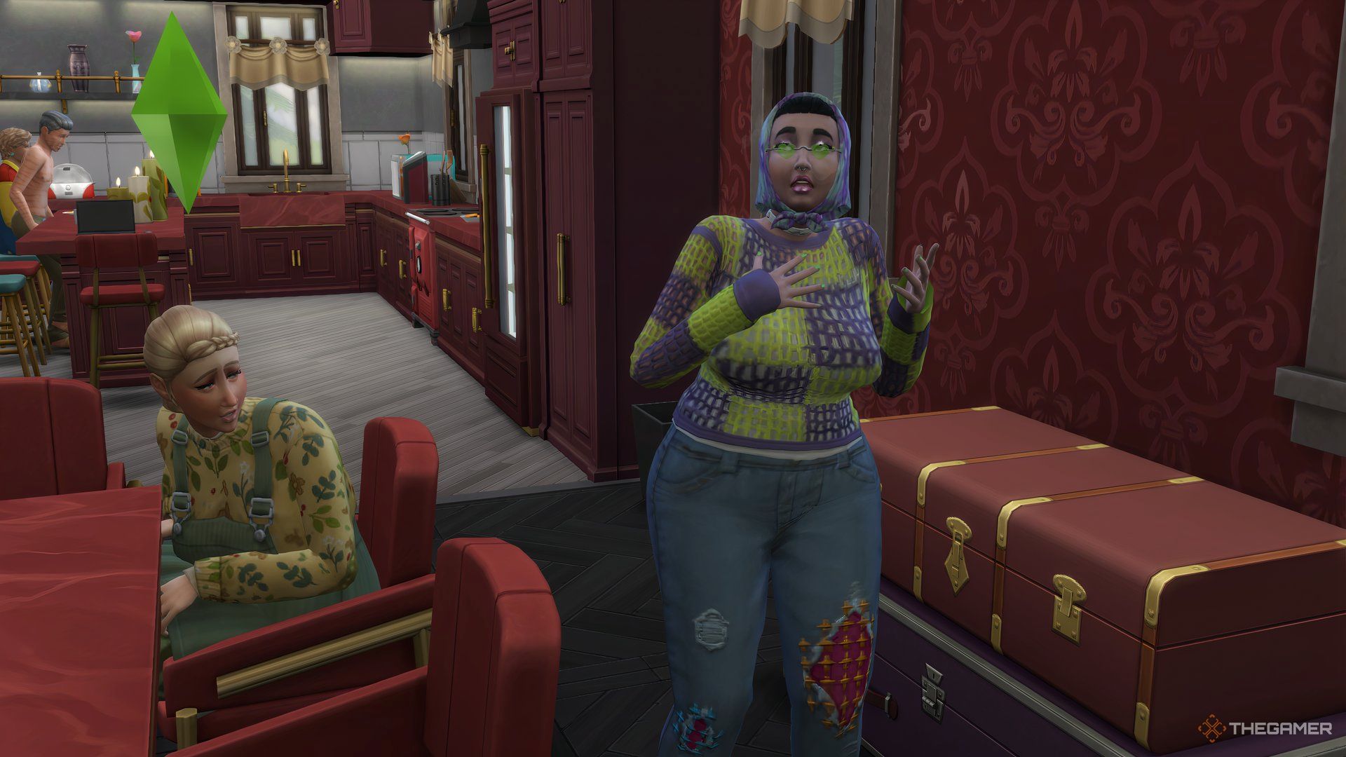 Two Sims looking stressed out and suspicious.